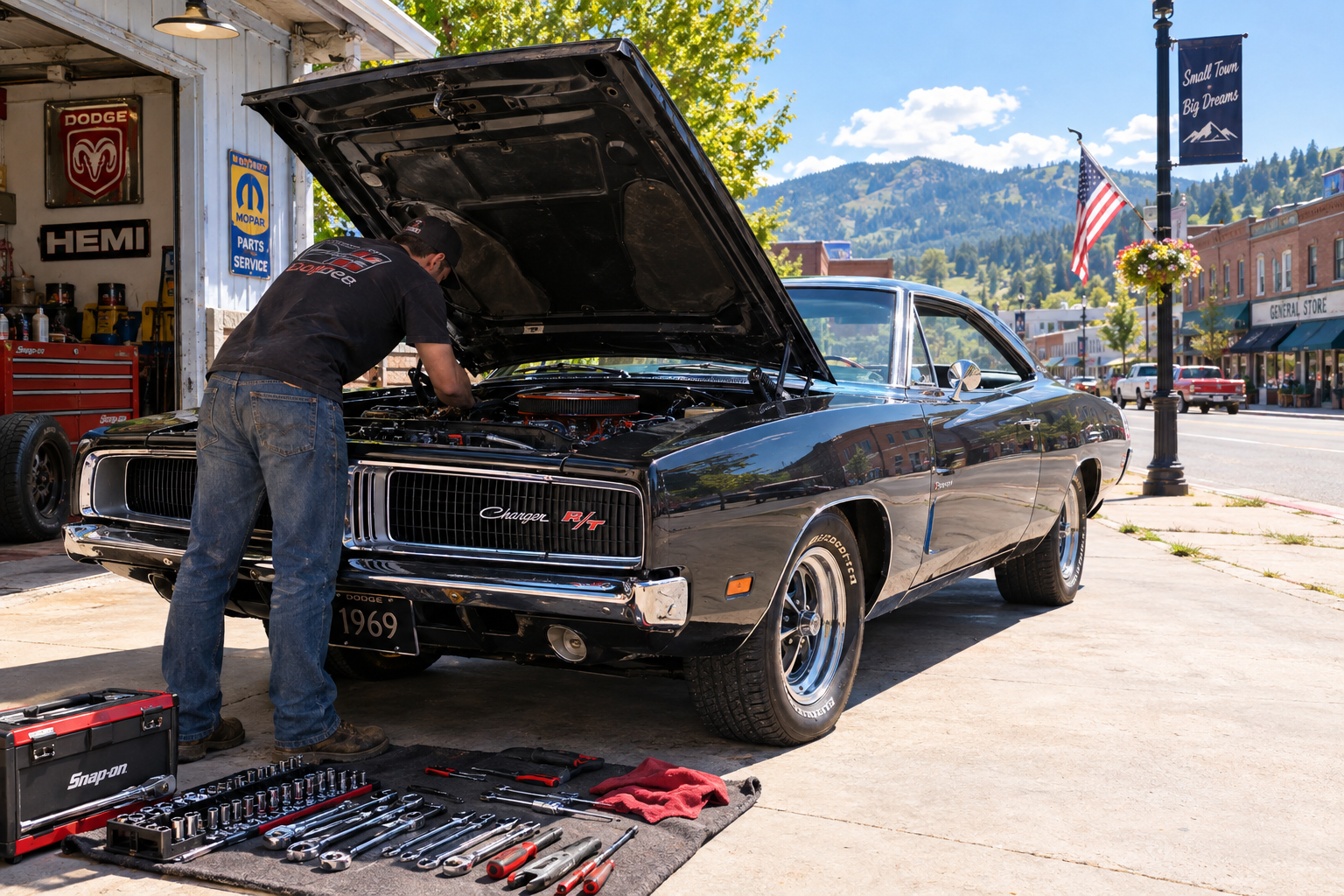 A man working on a black 1969 Dodge Charger R/T with its hood open, parked outside a garage on a sunny day.