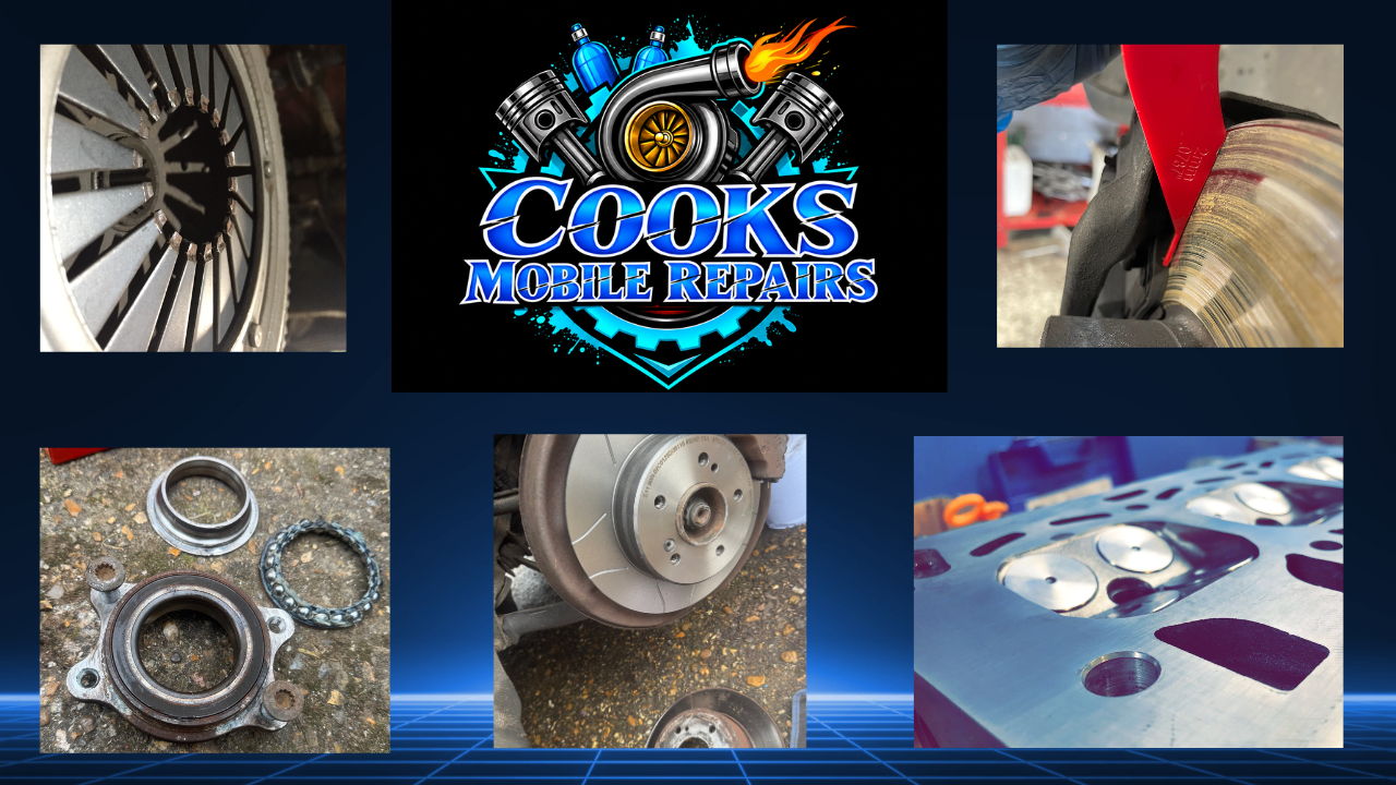 A collage of various automotive repair components and a logo for Cooks Mobile Repairs, including engine parts, a brake rotor, a piston cylinder head, and a wheel bearing, with the repair shop's logo in the center.