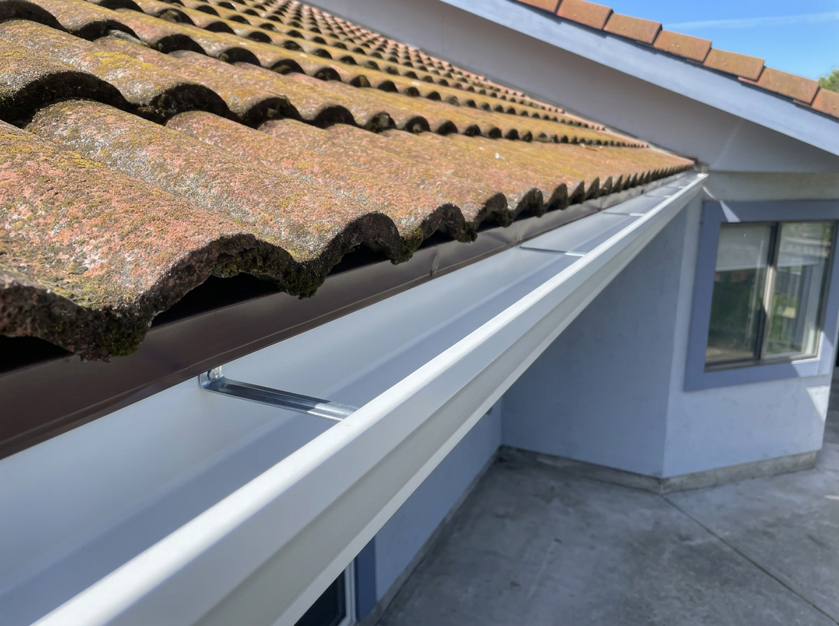 Close-up of a roof with aged, moss-covered clay tiles and modern white gutter system on a house with blue exterior walls and a window.
