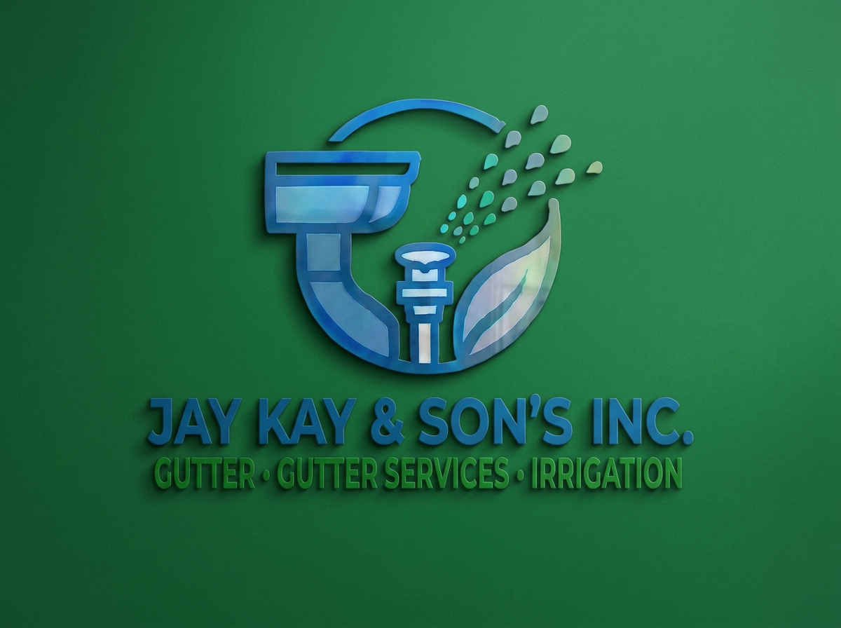 Logo for Jay Kay & Son's Inc. featuring a stylized garden hose, sprinkler, and leaf, with text: Gutter, Gutter Services, Irrigation on a green background.