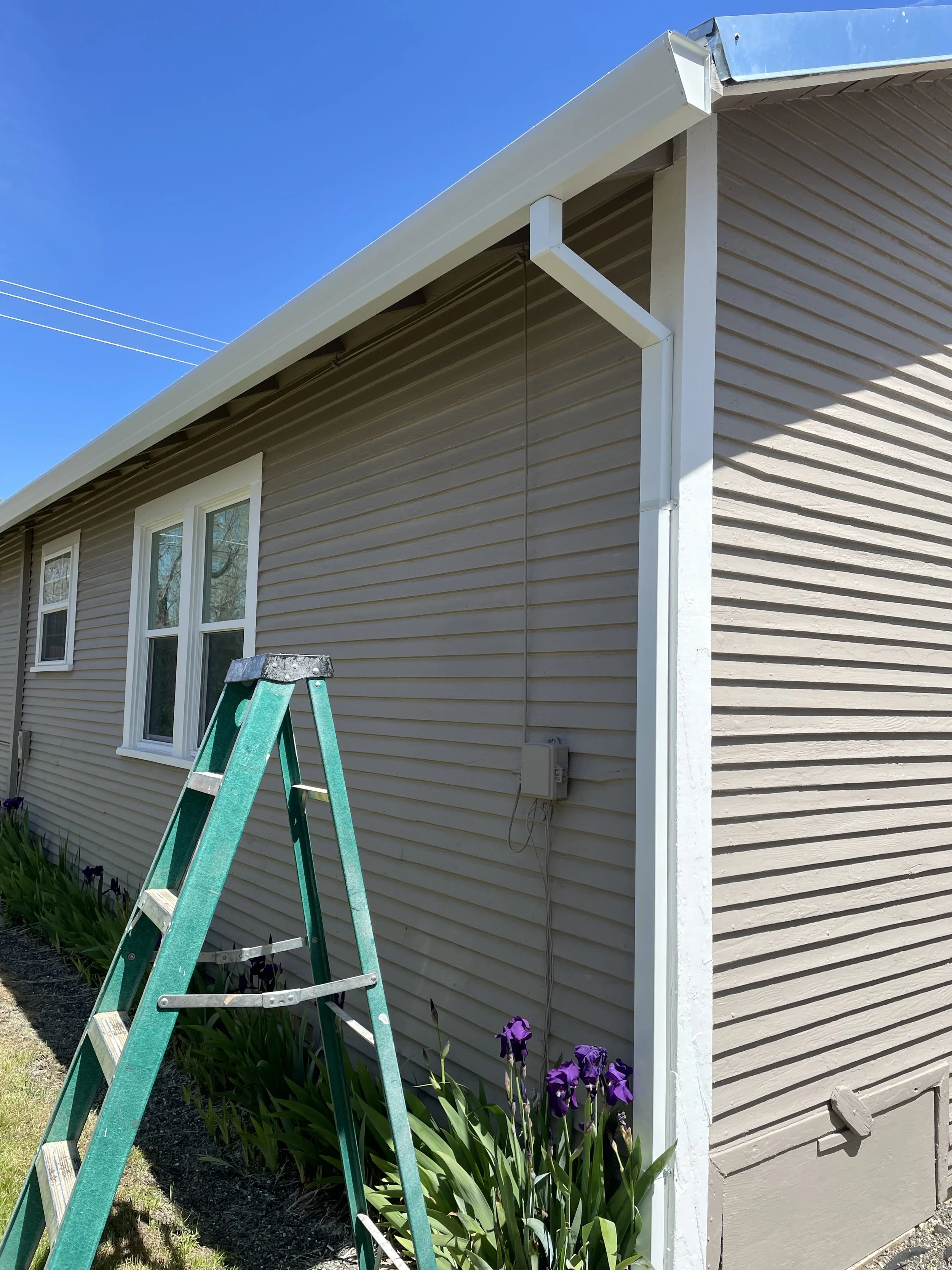 Exterior of a house with beige siding, white trim, and a blue sky in the background. Green ladder leaning against the house, and purple flowers in the garden bed underneath.