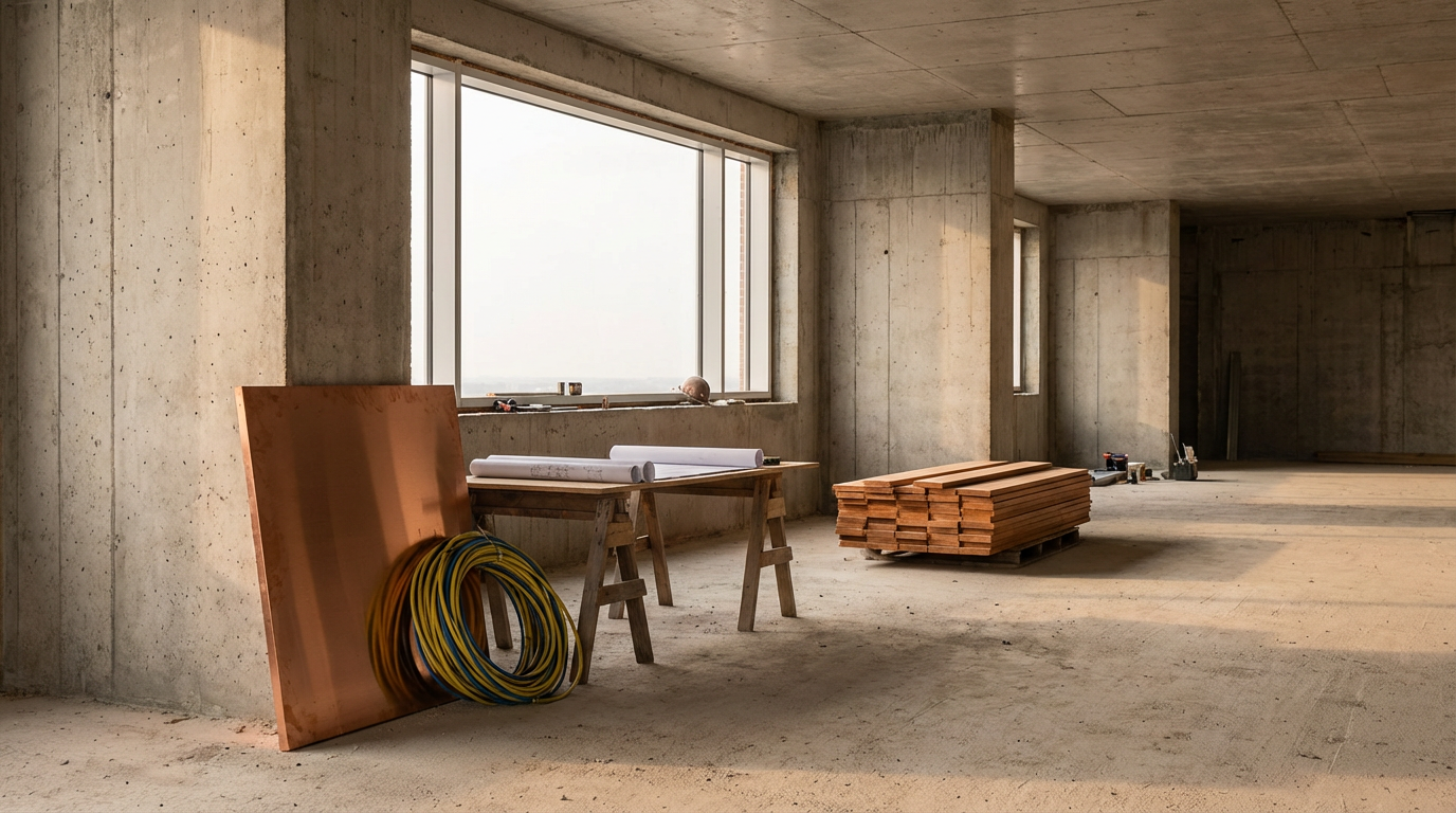 Empty construction site with unfinished concrete walls, large window, stacks of wooden planks, and construction tools and equipment.