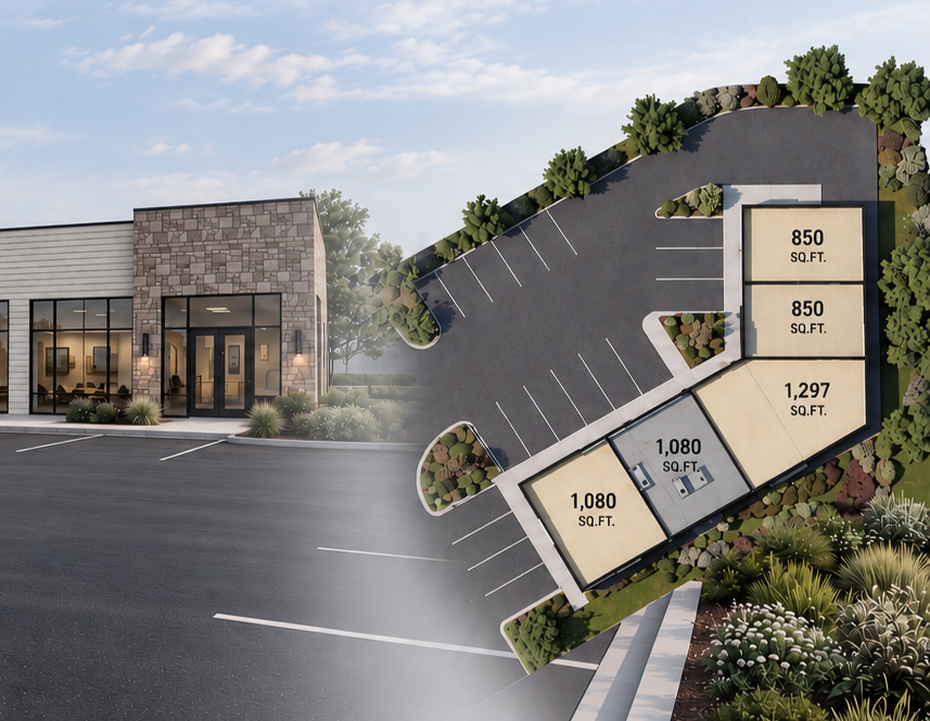 Rendering of a commercial building with an attached parking lot and landscape design, including multiple parking spaces and several small structures with specified square footage.