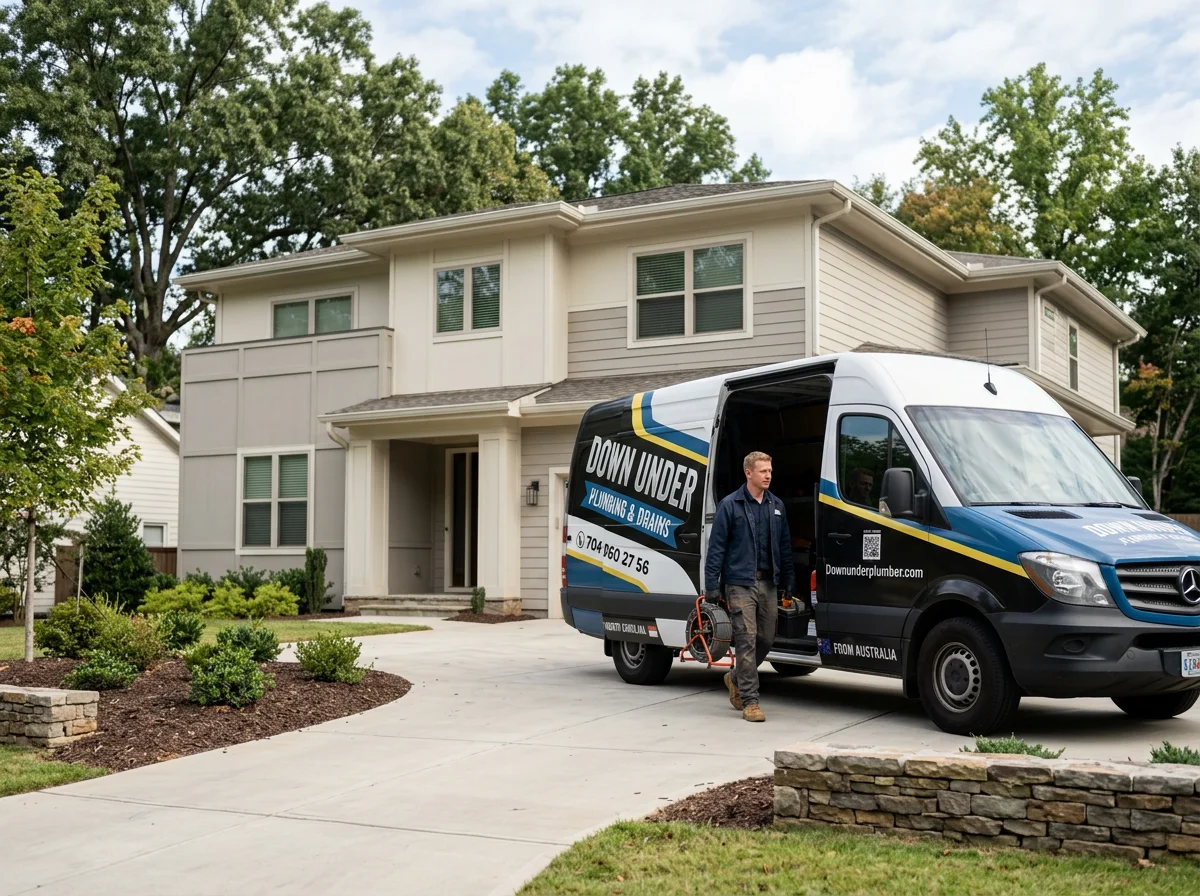 Down Under Plumbing & Drains technician unloading tools from a service van at a suburban Charlotte, North Carolina home.
