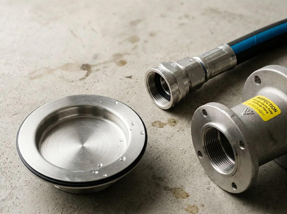 Metal plumbing and mechanical components arranged on a concrete surface for inspection.