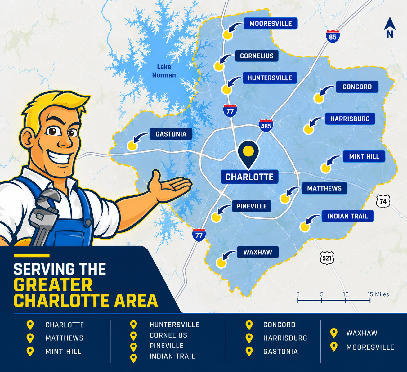 Down Under Plumbing & Drains service area map showing Charlotte, NC, and surrounding Greater Charlotte communities.