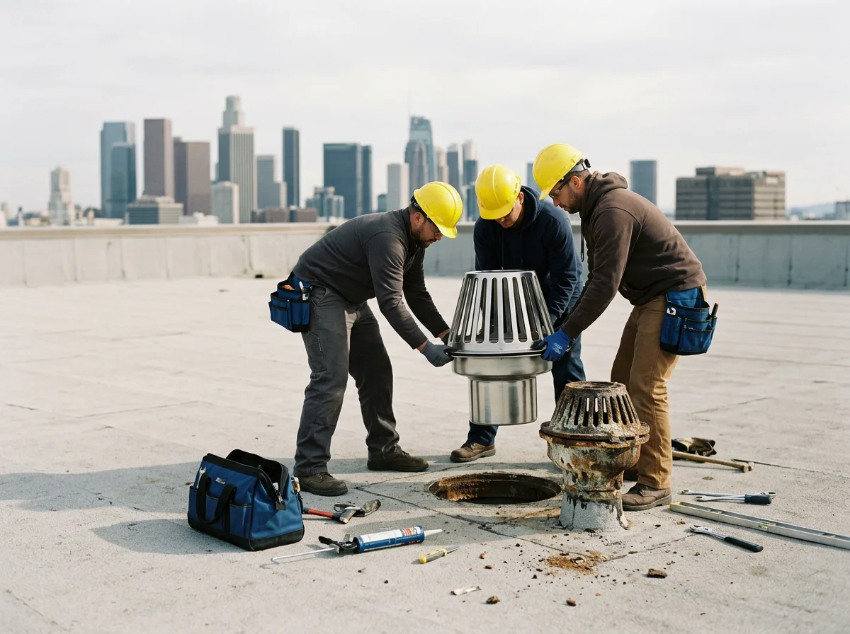 Workers installing rooftop ventilation equipment on a commercial Charlotte, North Carolina building.