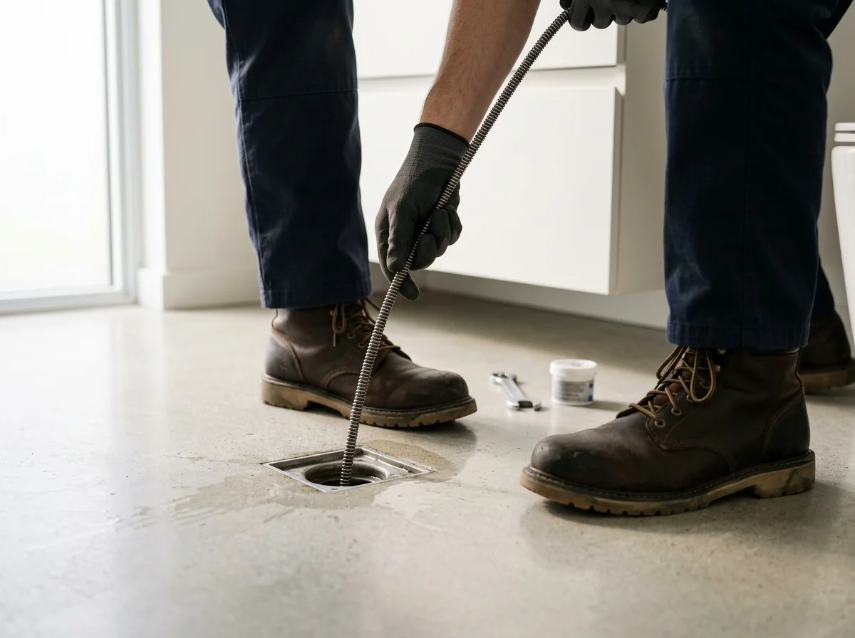 Plumber using a drain cleaning tool to clear a floor drain during a residential plumbing repair.