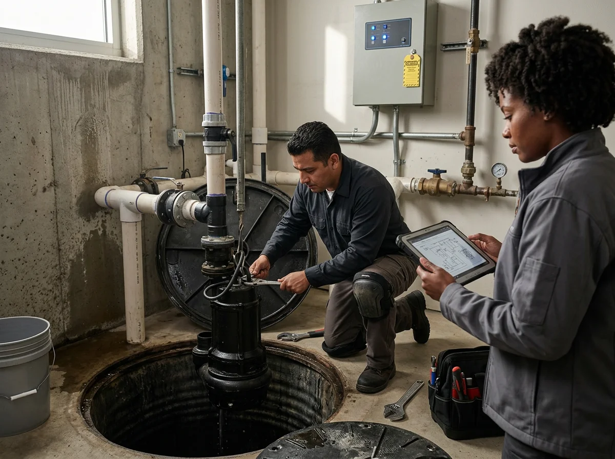 Technicians inspecting a sump pump and associated plumbing equipment in a utility room.