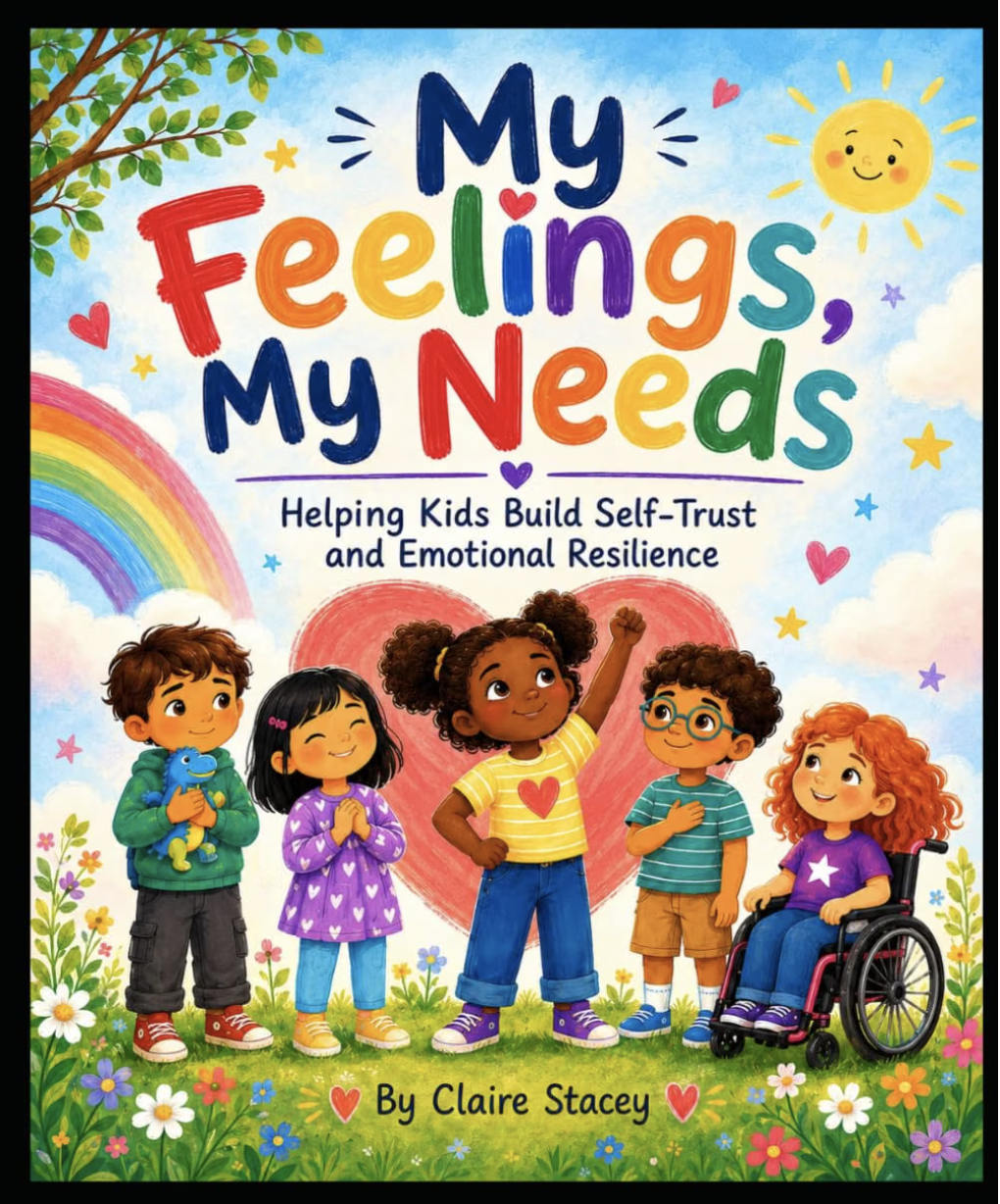 Colorful children's book cover titled 'My Feelings, My Needs: Helping Kids Build Self-Trust and Emotional Resilience' featuring diverse children outdoor, some smiling, with rainbow, sun, hearts, stars, flowers, and a tree.