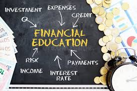 Chalkboard with 'Financial Education' in the center, surrounded by words like investment, expenses, credit, payments, interest rate, income, risk, and expense, with coins and a calculator nearby.