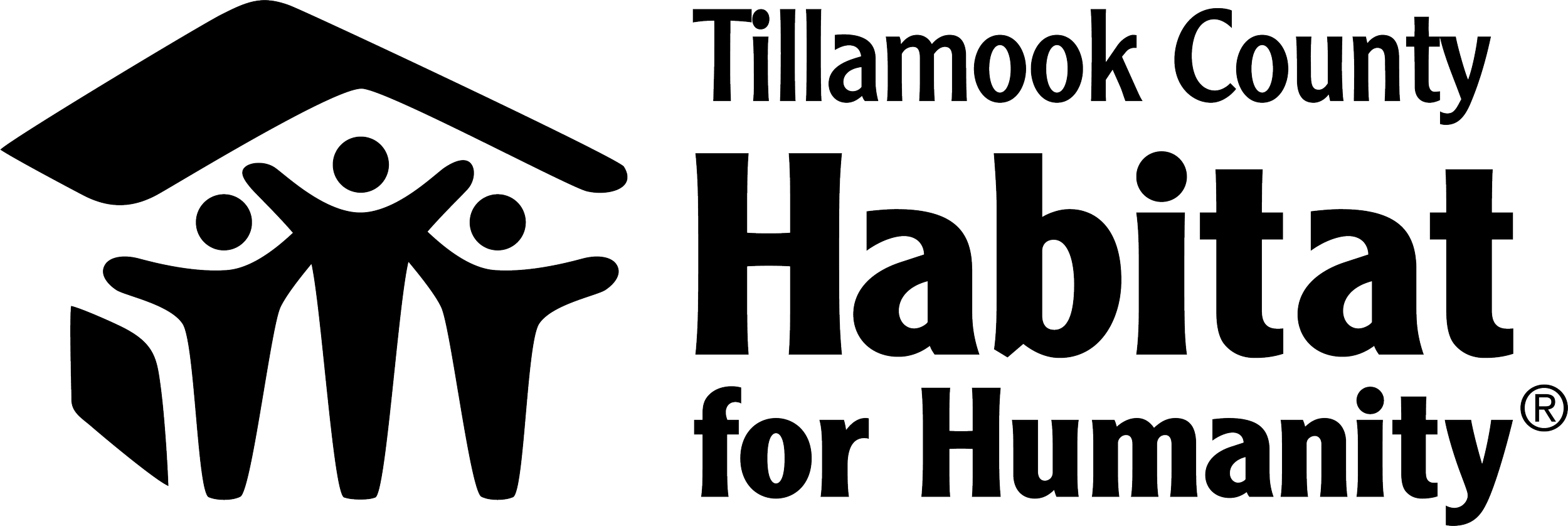 Line drawing logo of TIllamook County Habitat for Humanity, featuring three abstract human figures holding hands inside a house outline.