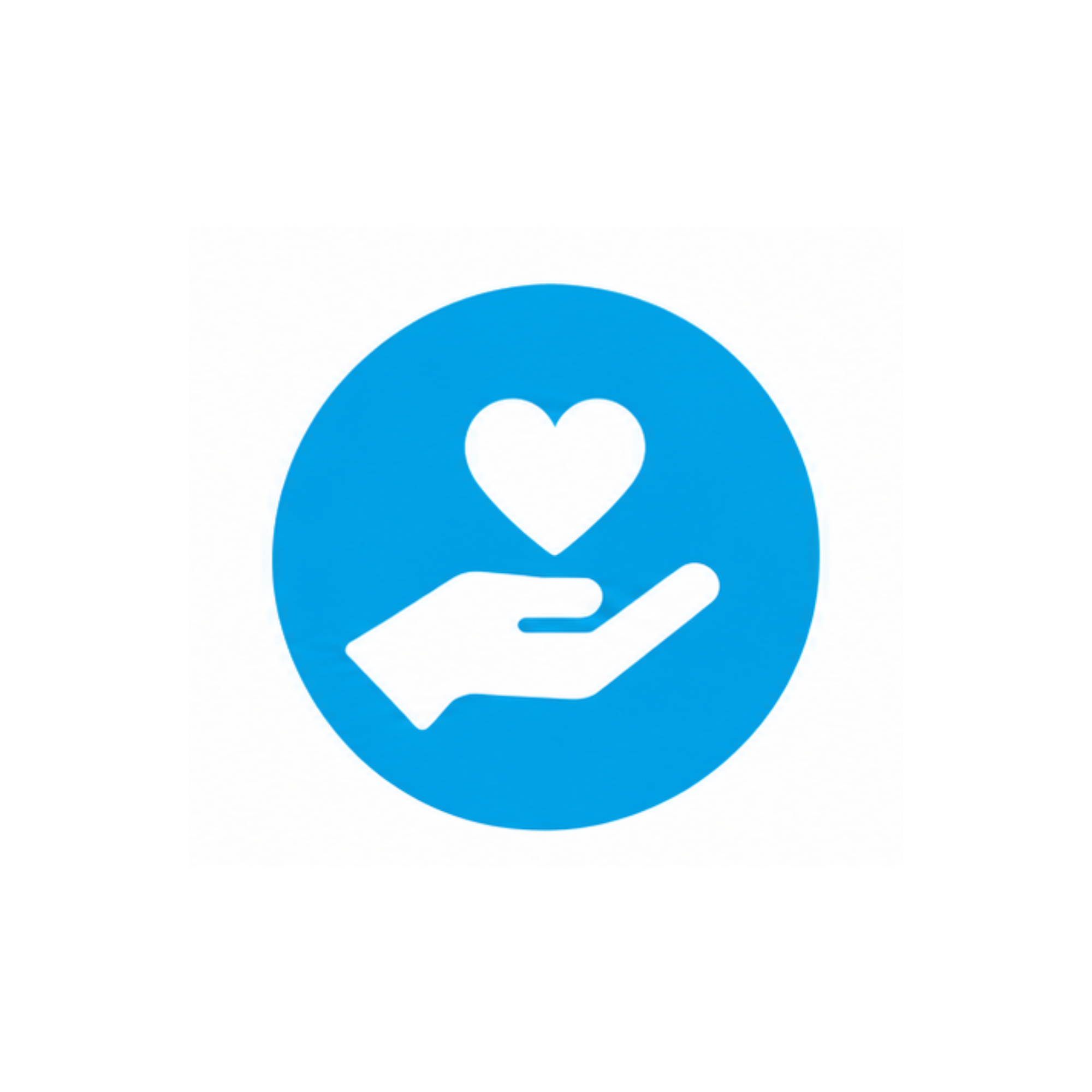 Blue speech bubble with white help icon inside, hand at the bottom right of the bubble.