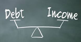 Balance scale illustration with 'Debt' on one side and 'Income' on the other, representing financial balance.