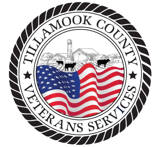 Seal of TILAMOOK COUNTY VETERANS SERVICES featuring a barn, silo, cows, an American flag, and text.