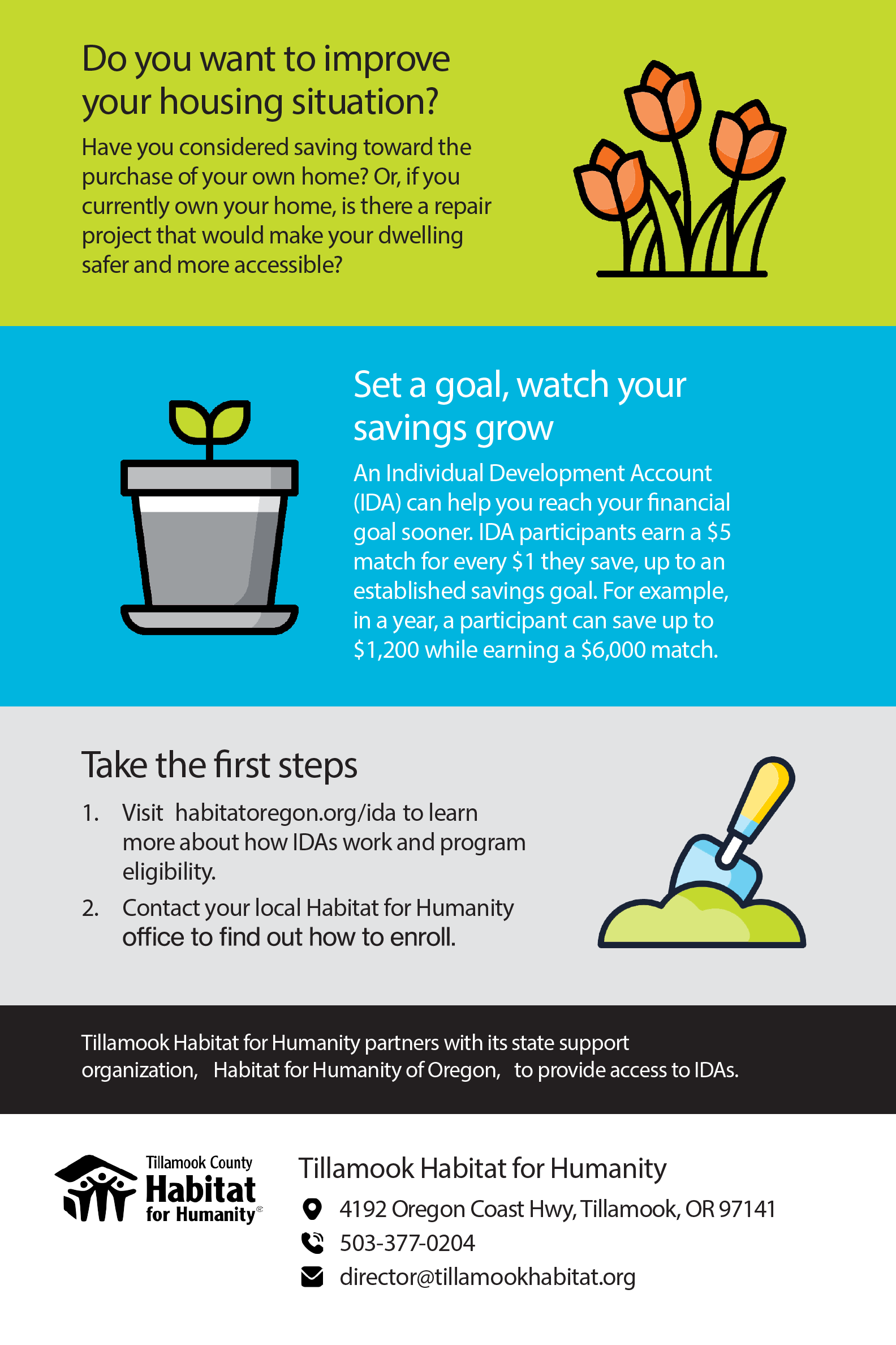 A flyer with green, blue, gray, and black sections promoting Habitat for Humanity. The top green section asks if you want to improve your housing situation with an illustration of pink tulips. The blue section encourages setting a savings goal with an illustration of a small plant in a gray pot. The gray section provides steps to take for Habitat for Humanity. The black section contains contact information and the Habitat for Humanity logo with a helping hand and house icon.