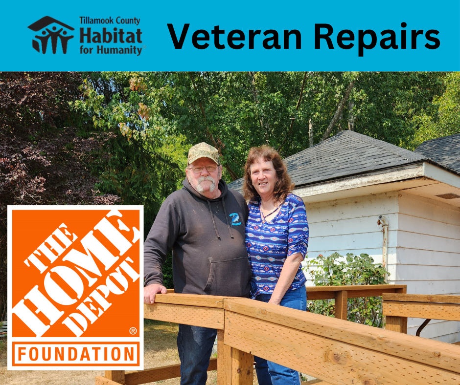 Two people standing outdoors on a wooden deck, smiling. Behind them is an old white house and trees. The image promotes Veteran Repairs in collaboration with Habitat for Humanity and The Home Depot Foundation.