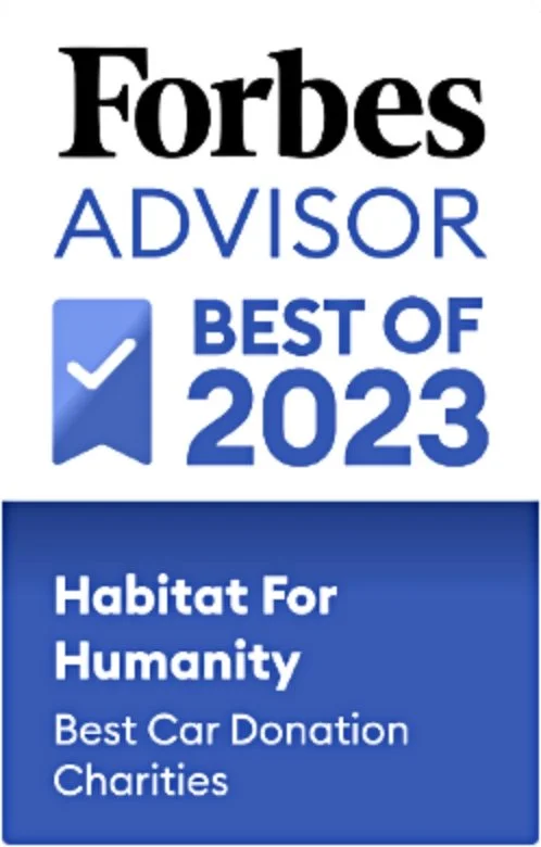 Forbes Advisor badge indicating 'Best of 2023' with Habitat For Humanity recognition for best car donation charities.