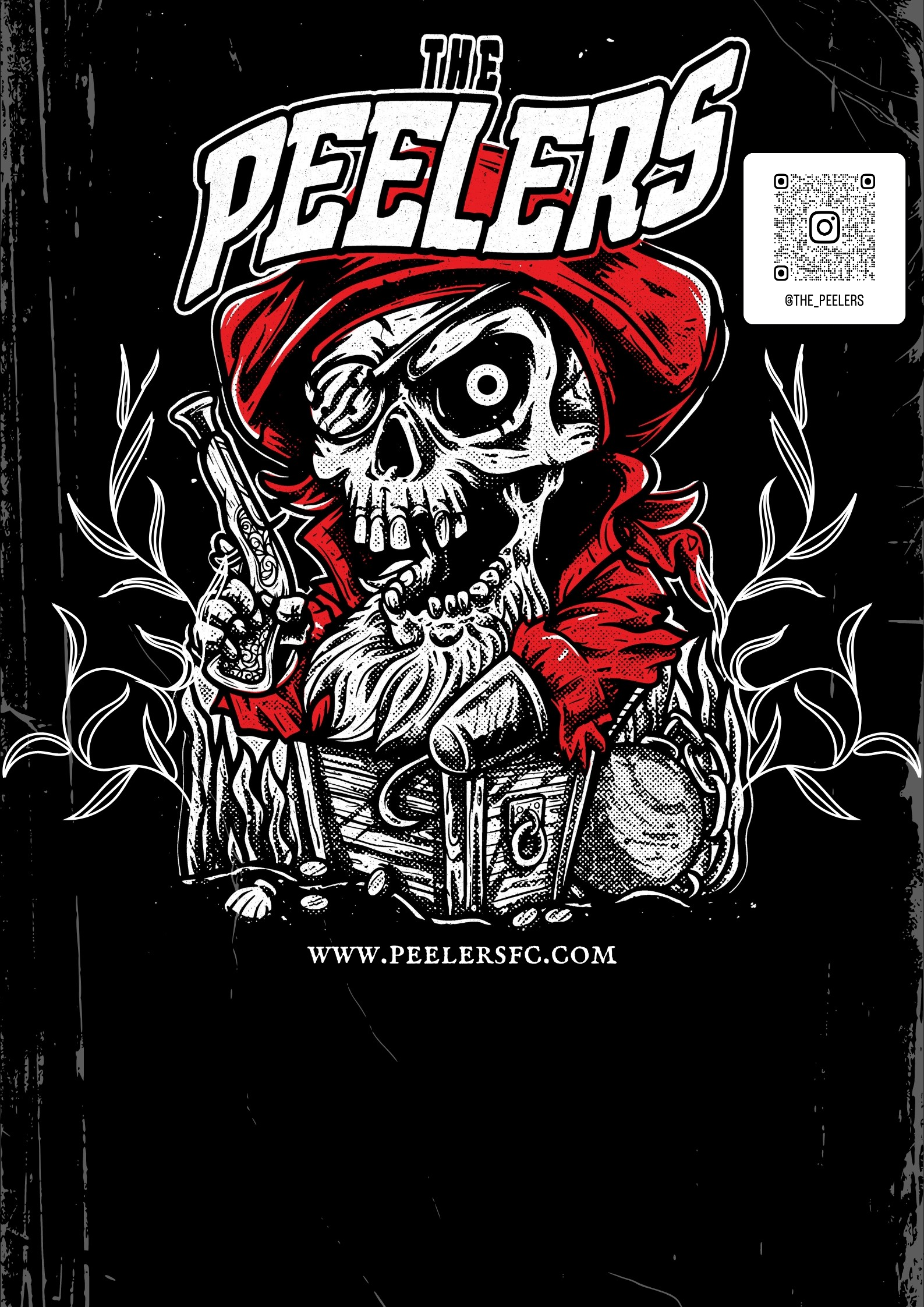 A graphic illustration of a skull dressed as a pirate, wearing a red bandana and pirate hat, holding a sword, with the text "The Peelers" above and a QR code to the right. The website www.peelersfc.com is displayed at the bottom.