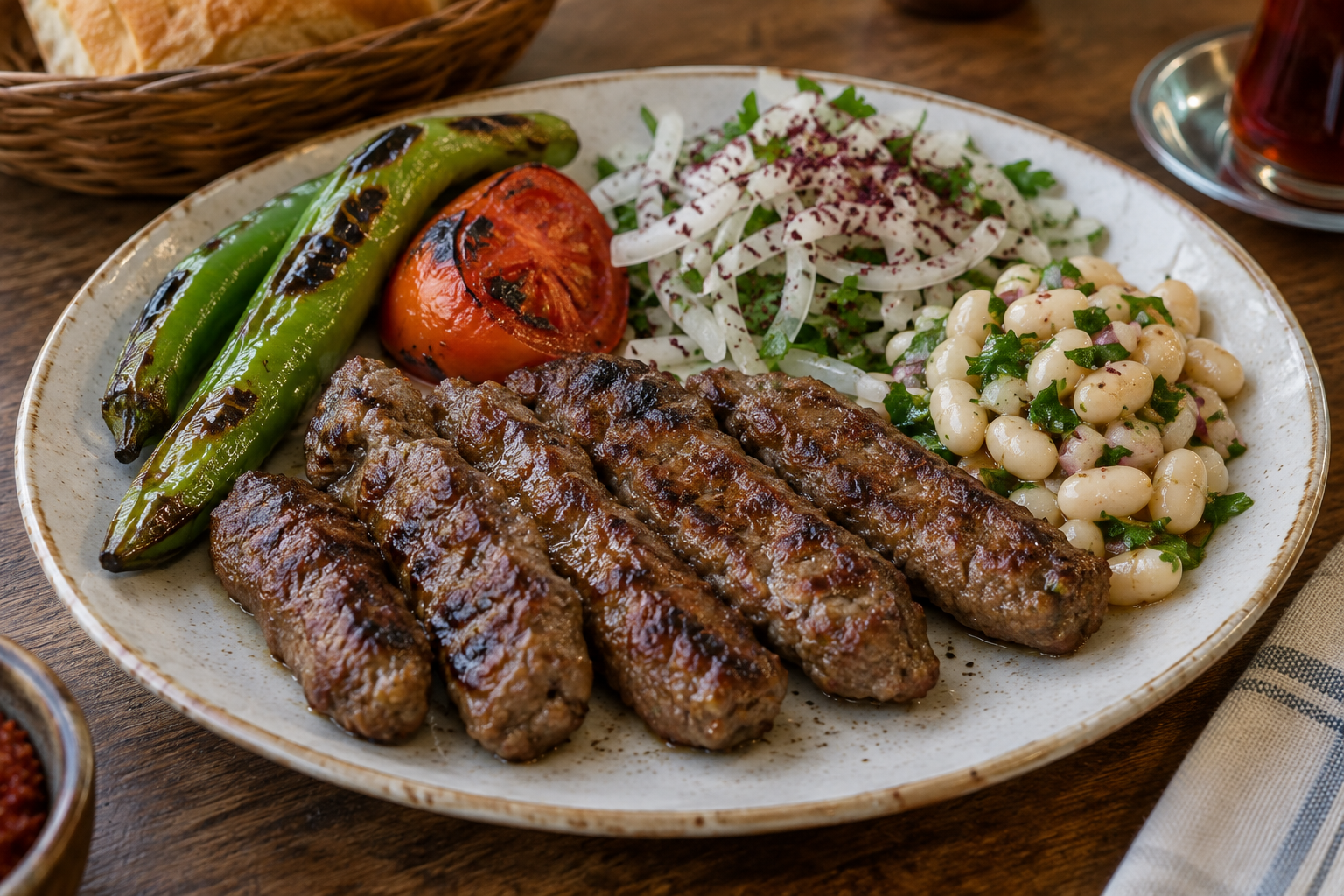 Grilled Turkish köfte served with peppers, tomatoes, onions and white beans