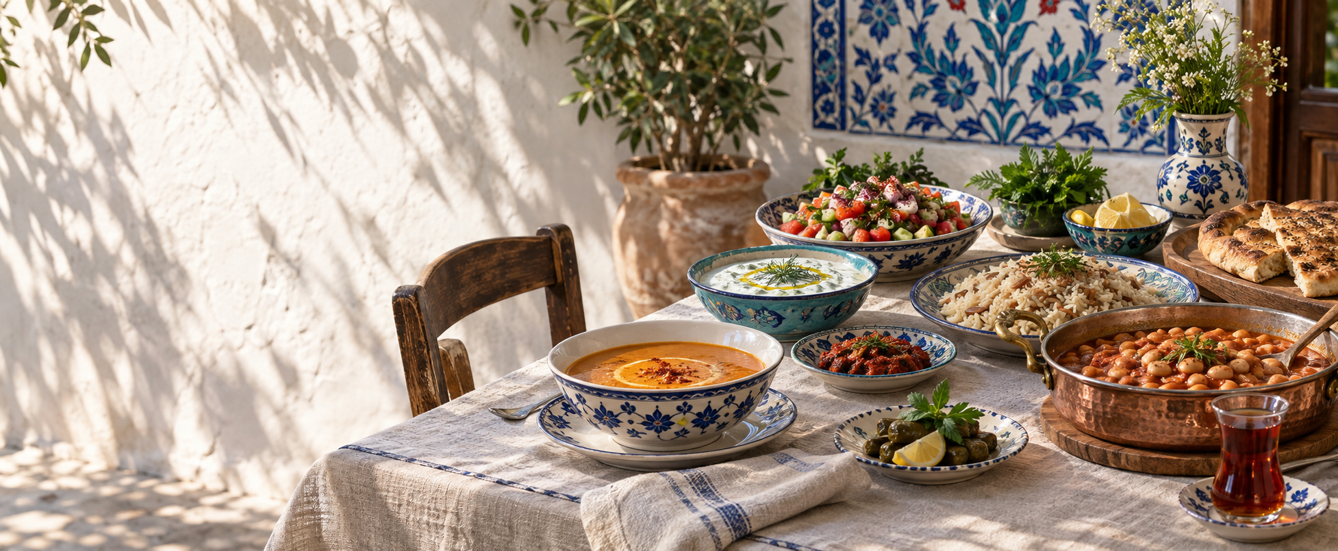 Authentic Turkish table with lentil soup, kuru fasulye, rice pilaf, cacık, shepherd salad, pide and tea in İznik blue ceramics
