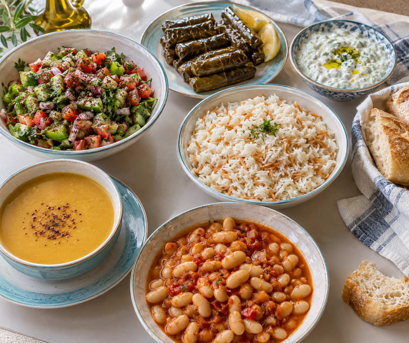 Illustration of a daylight Turkish table with lentil soup, beans, rice pilaf, salad, stuffed vine leaves and cacık