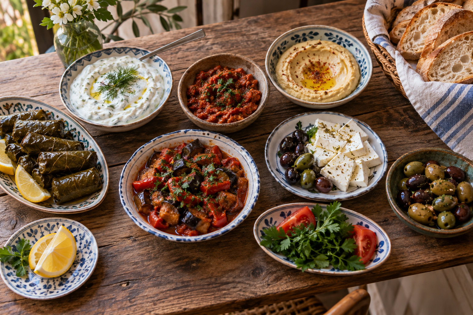 Traditional Turkish meze table with haydari, acılı ezme, hummus, şakşuka, stuffed vine leaves, cheese and olives