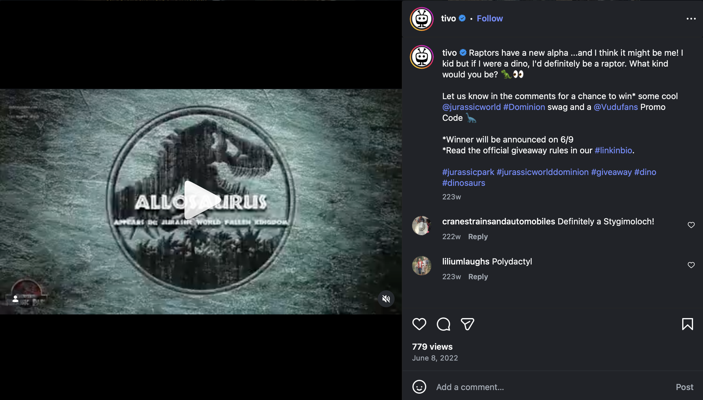 A promotional image for the movie 'Allosaurus,' featuring a dinosaur silhouette in a circular frame with stormy clouds and trees in the background, and the text 'Allosaurus' along with the subtitle 'Appear the Jurassic World Fallen Kingdom.'
