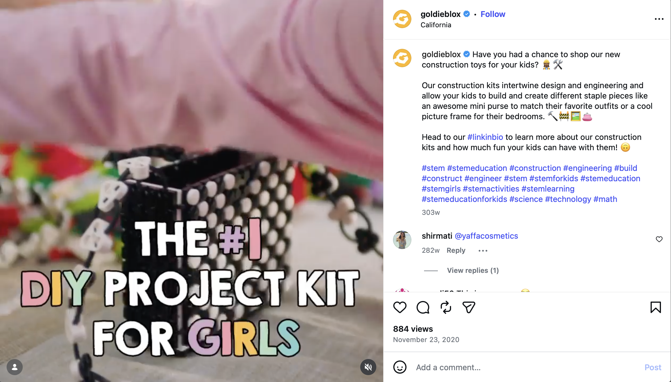 Close-up of a DIY construction toy assembly with the text 'The #1 DIY Project Kit for Girls' overlaid.
