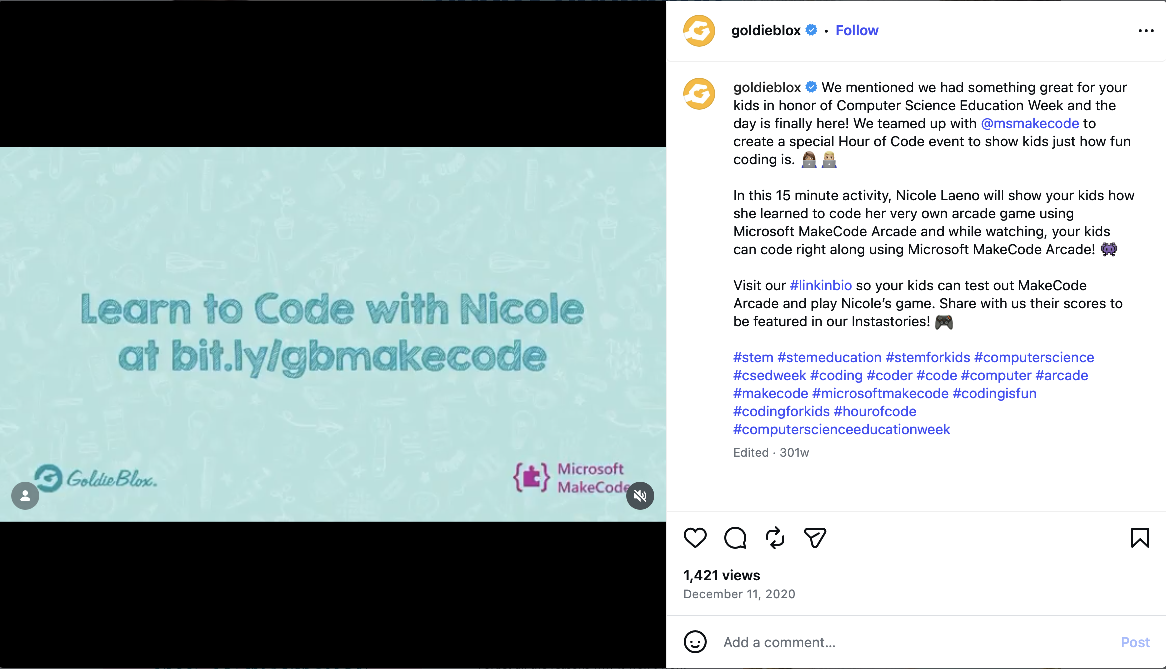 Screen promoting a coding event titled "Learn to Code with Nicole" at bit.ly/ygbmakecode, hosted by GoldieBlox and Microsoft MakeCode, featuring background illustrations of computer components.