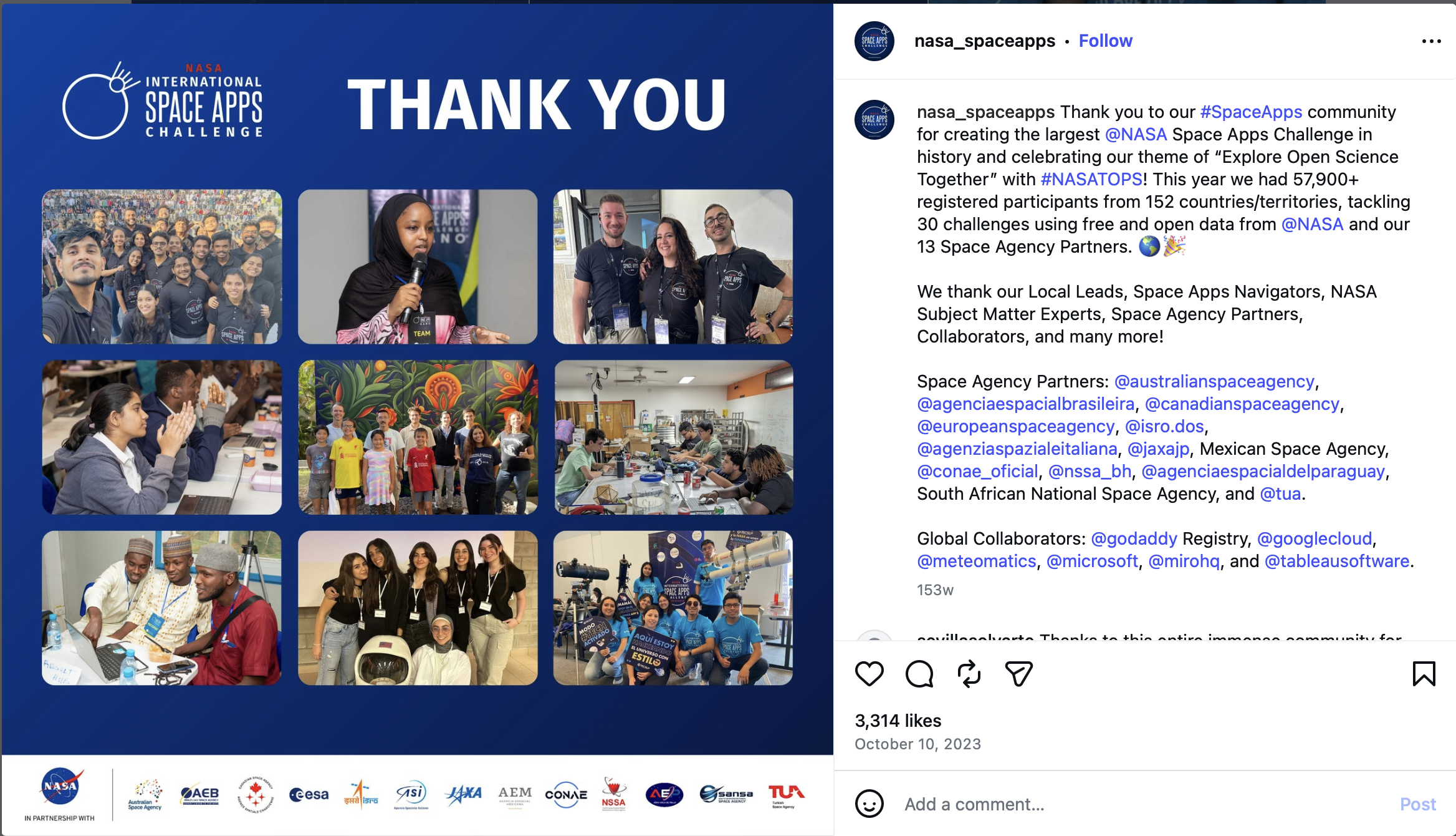 A digital collage celebrating the NASA Space Apps Challenge team, including group photos of participants, individuals speaking and working, teenagers and adults at various activities, and logos of space and partner organizations.