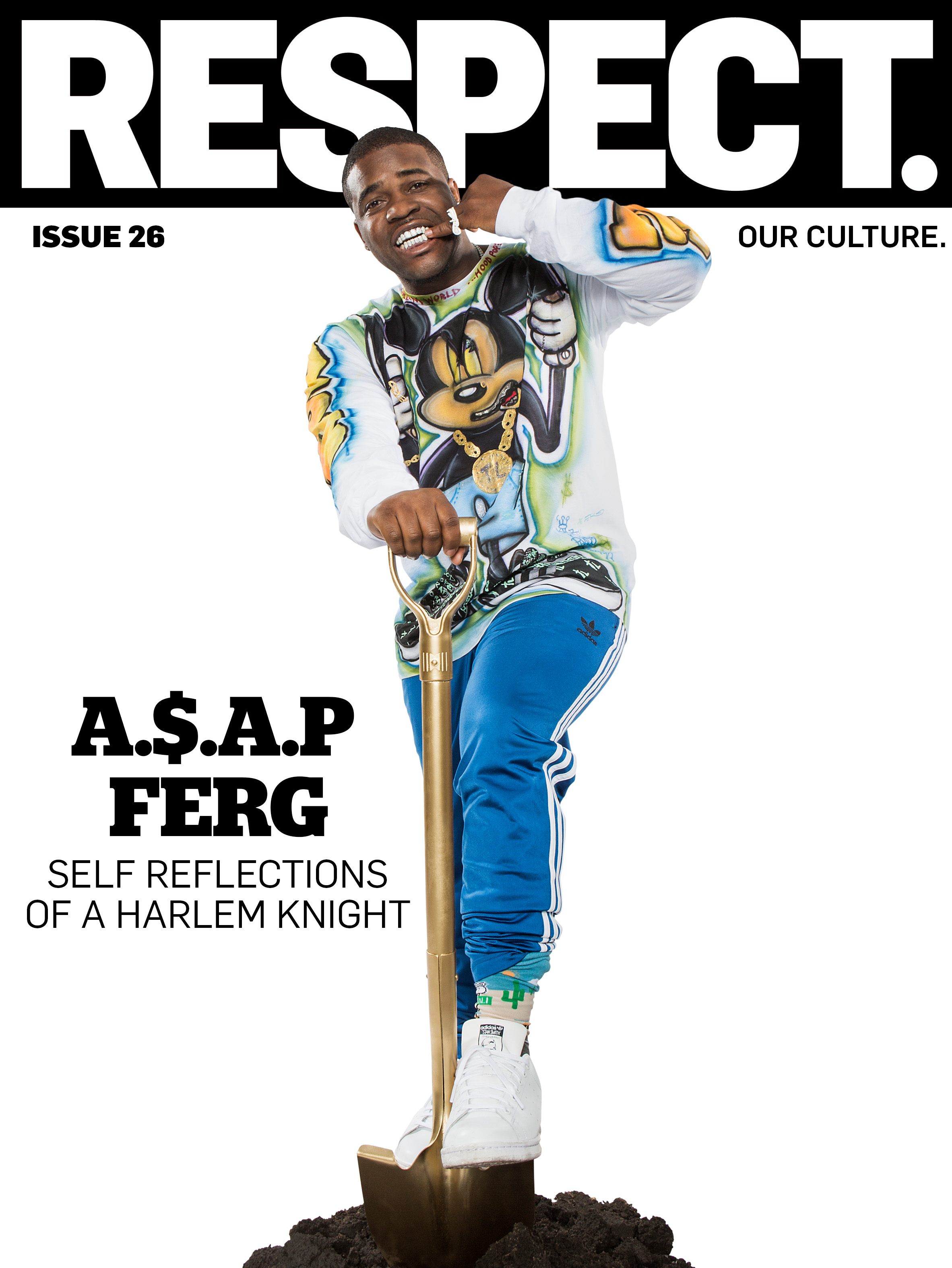 Magazine cover featuring a young man in colorful streetwear, holding a shovel, with text emphasizing respect, self-reflections, and culture
