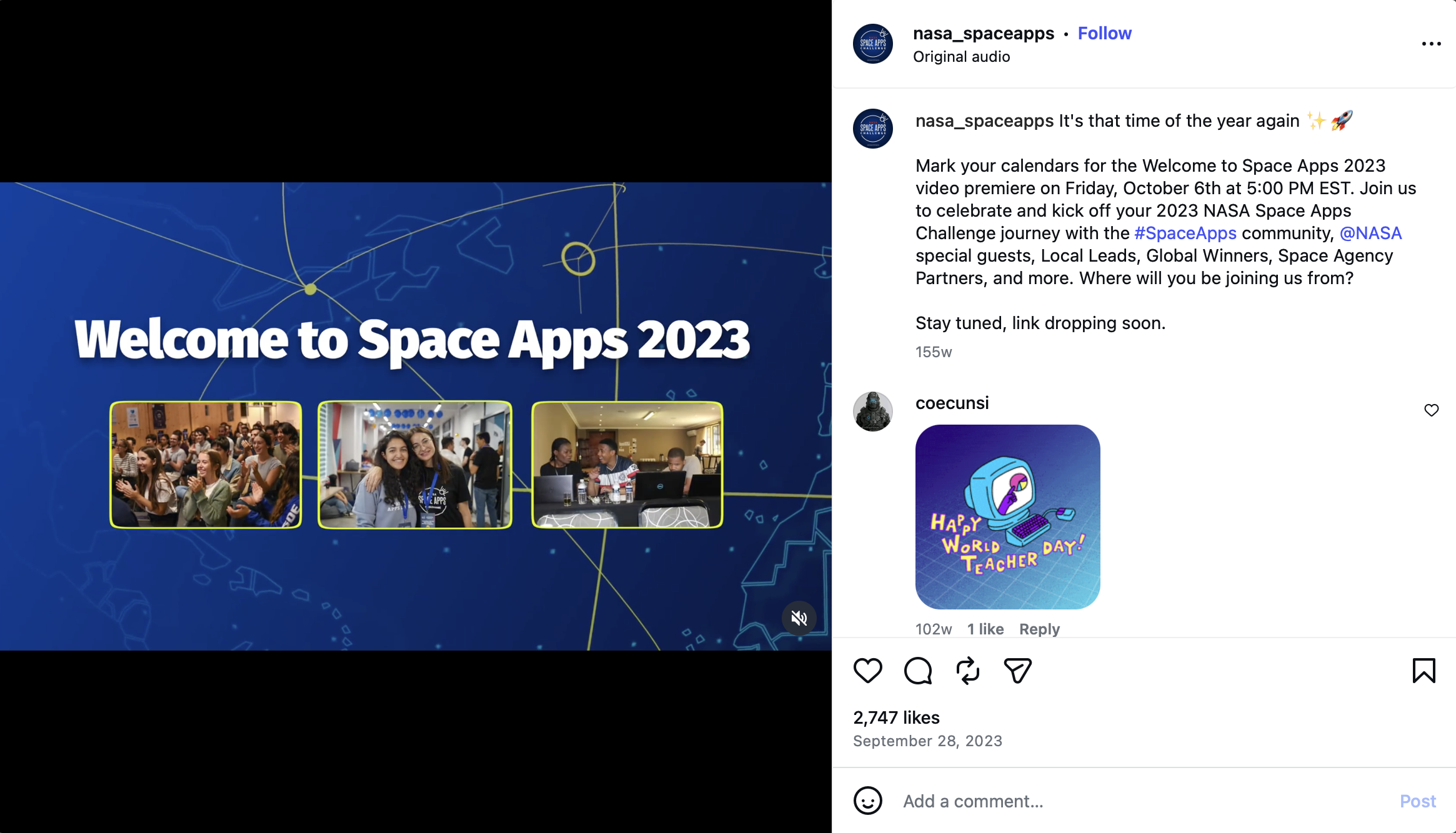 Social media post announcing the Welcome to Space Apps 2023 event with a blue background, white text, and photos of people attending the event.