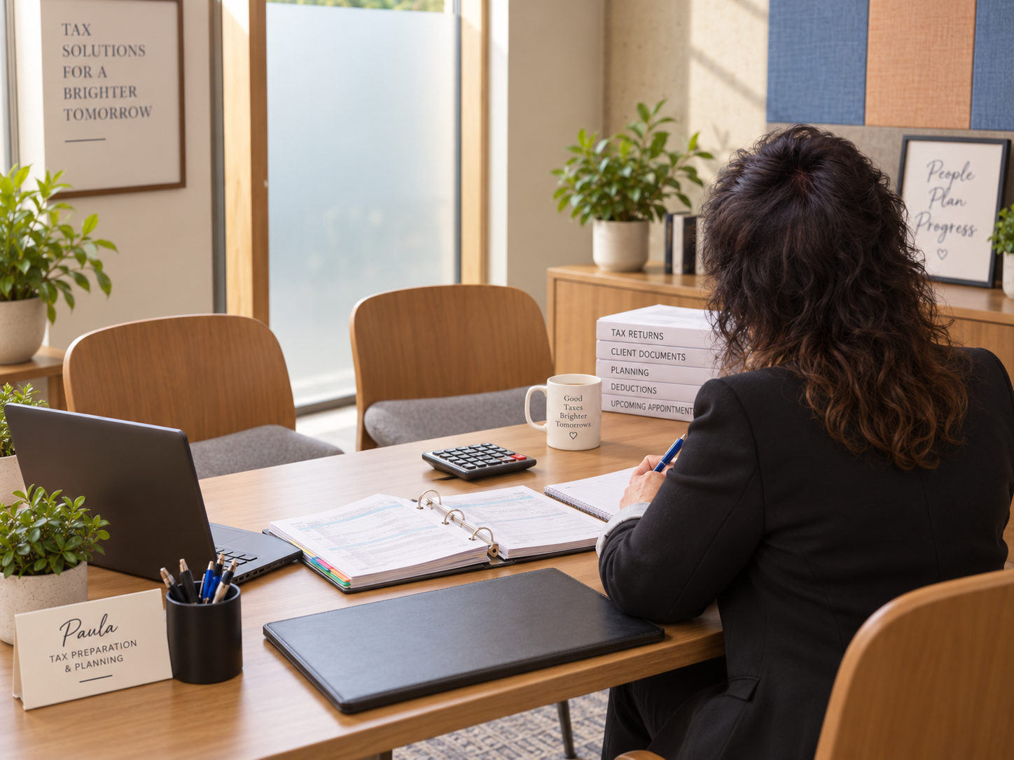 Woman sitting at a desk in an office, surrounded by stacks of tax documents labeled 'Tax Returns,' 'Client Documents,' 'Planning,' 'Deductions,' and 'Upcoming Appointments.' She has curly hair and is wearing a black blazer. The desk has a laptop, a calculator, a black folder, a mug with the text 'Good Taxes Brighter Tomorrows,' a potted plant, a name tag that reads 'Paula, Tax Preparation & Planning,' and a pen holder with pens. The office has wooden chairs, potted plants, and framed posters on the wall.