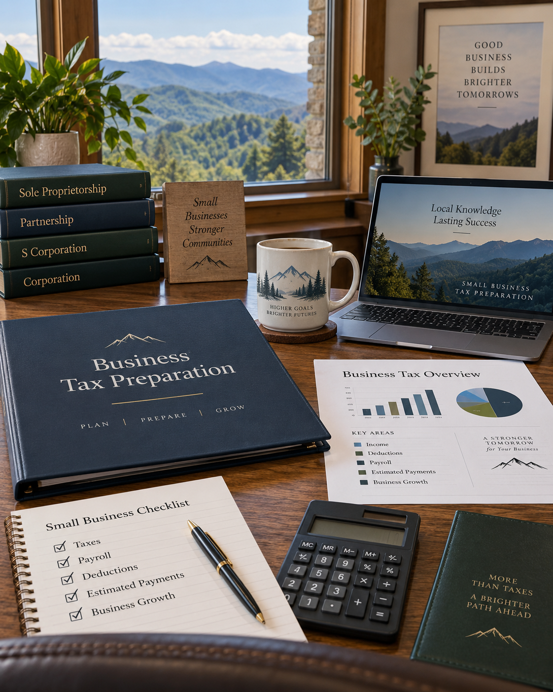 A desk setup for business tax preparation with documents, books, a laptop, calculator, mug, and motivational posters, overlooking a scenic mountain view.