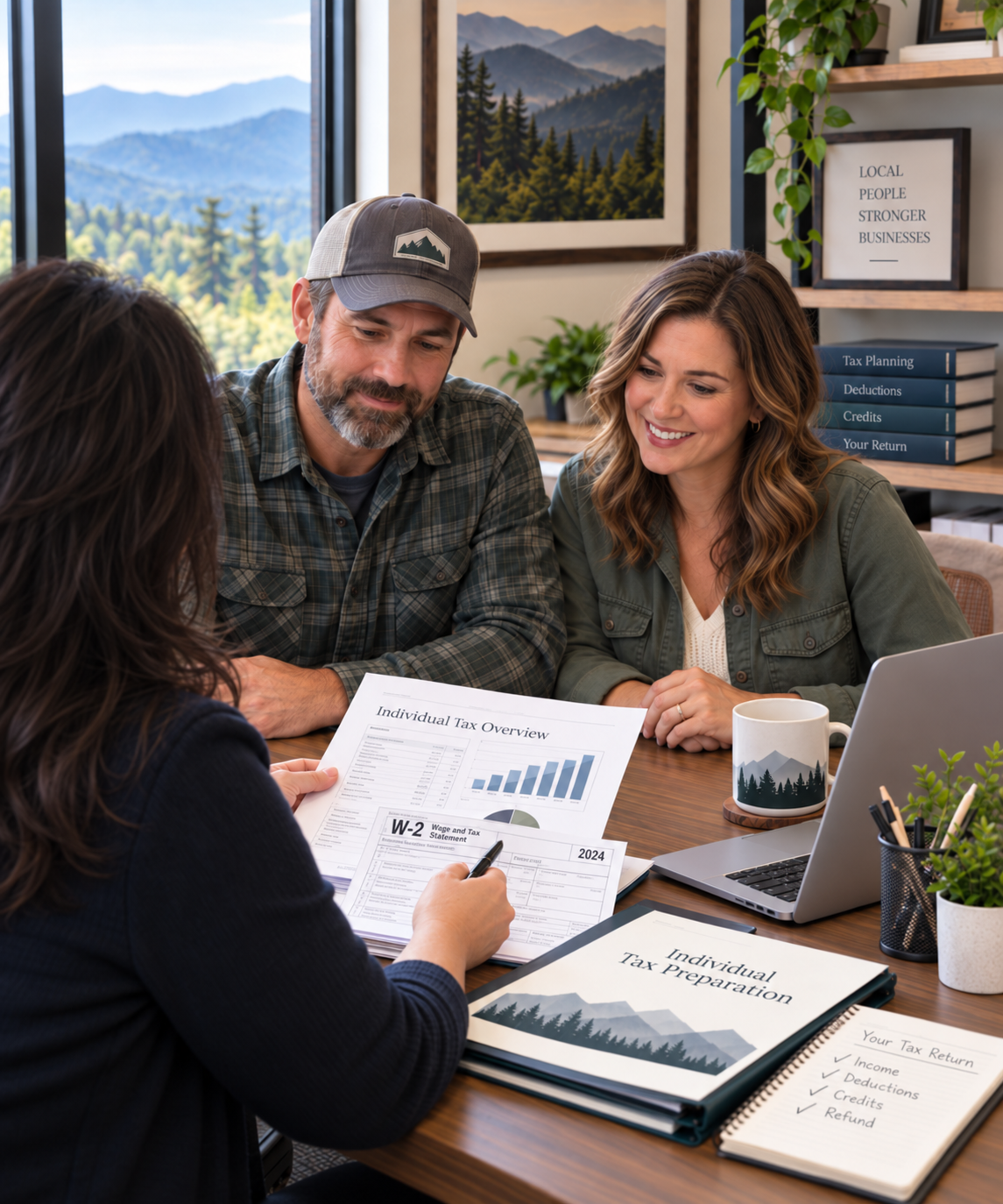 Three people at a desk reviewing tax documents, with a woman holding a pen and a man and woman smiling, in a room with a large window and mountain artwork in the background.