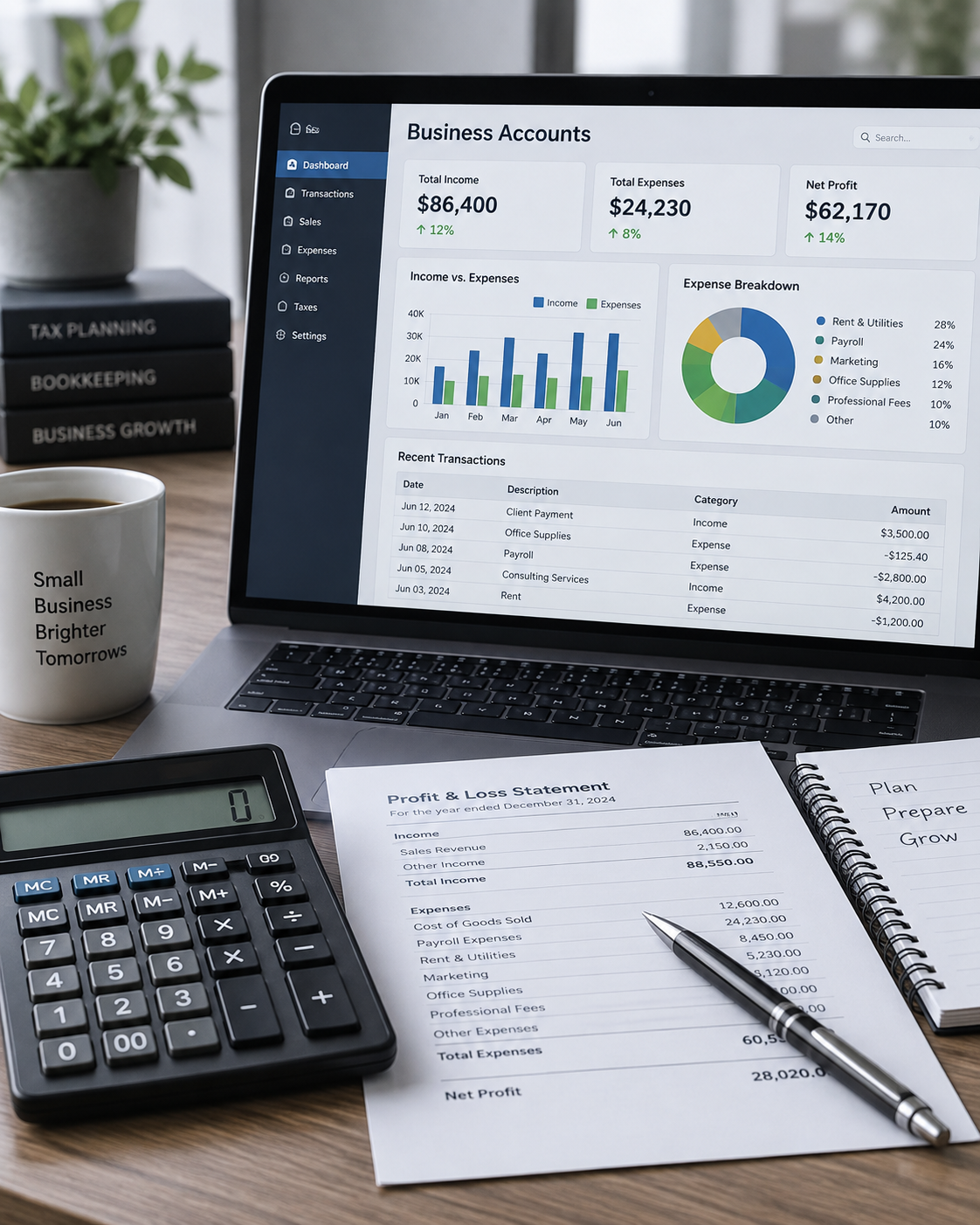 Laptop screen displaying a business accounts dashboard with financial data, a calculator, profit and loss statement, mug with motivational quote, notepad, and pen on a wooden desk.