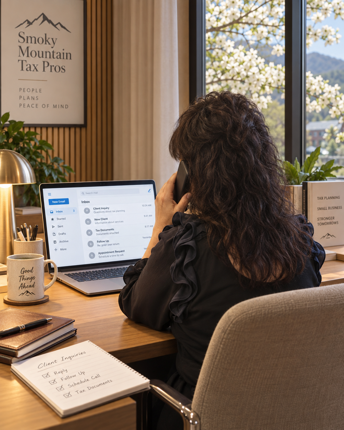 A woman with curly hair is sitting at a desk, talking on the phone, with a laptop open displaying an email inbox. There is a notebook with client inquiries, a coffee mug that says 'Good Things Ahead,' and some books and office supplies on the desk. Outside the window, there are flowering trees and mountains.