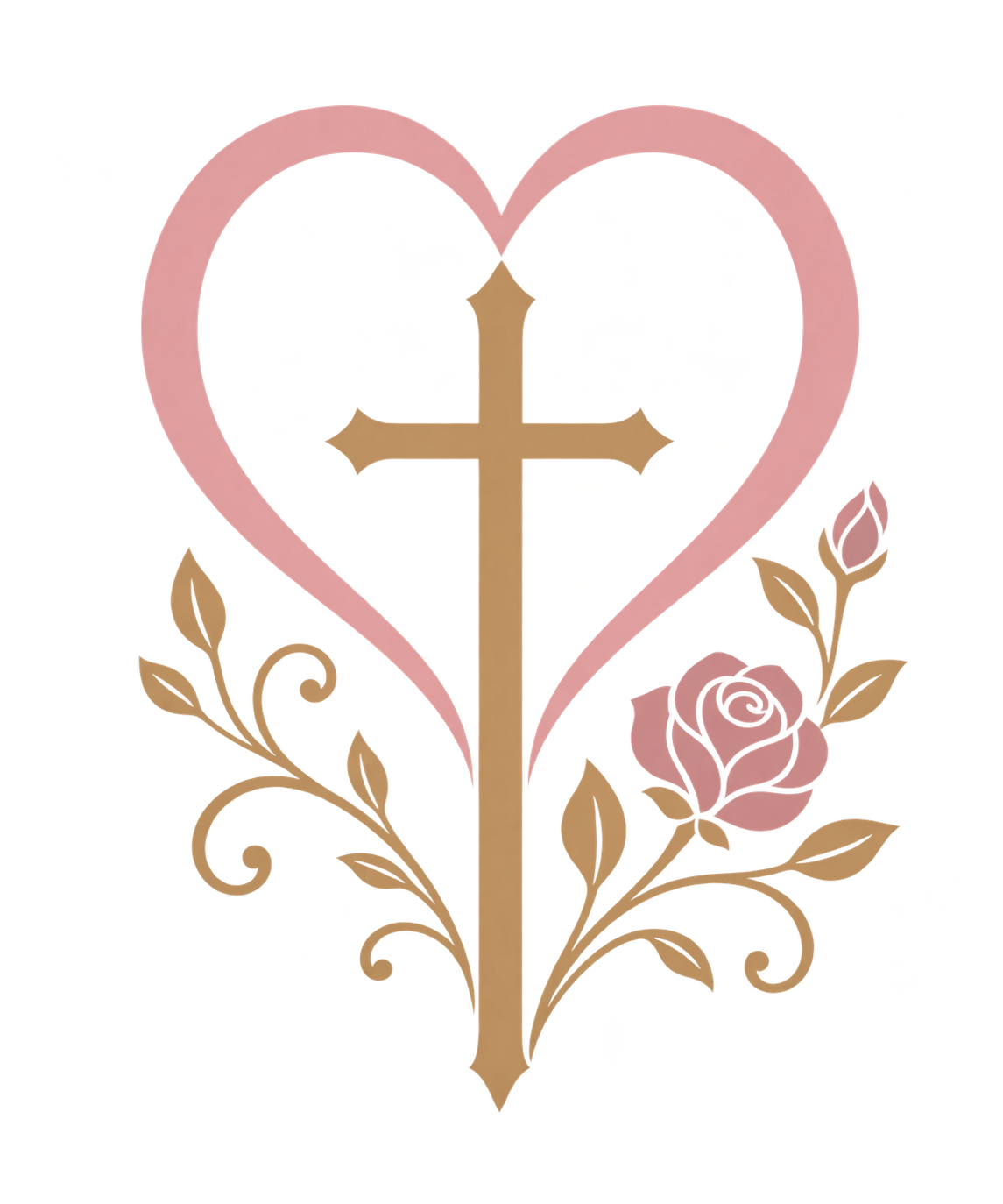 Heart above a long cross with rose and vines