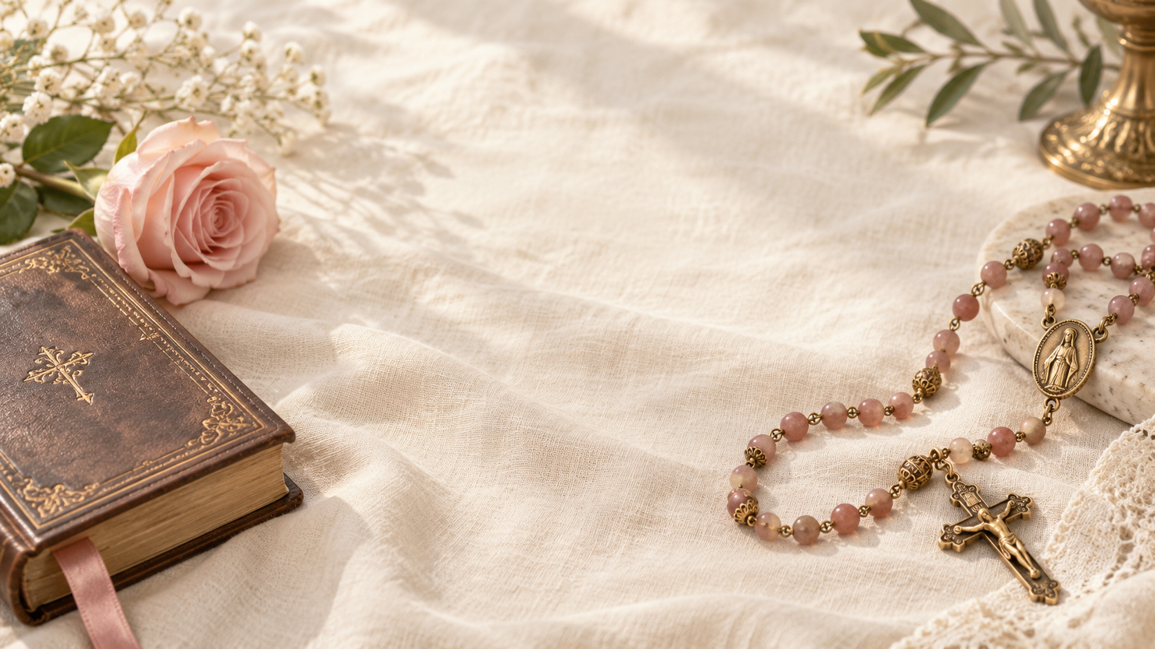 Rosary, prayer book, and blush rose on cream linen
