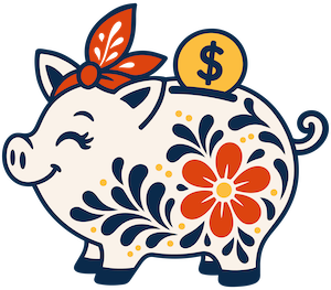 A cartoon piggy bank with floral patterns, a red bow on its head, and a coin with a dollar sign on top.