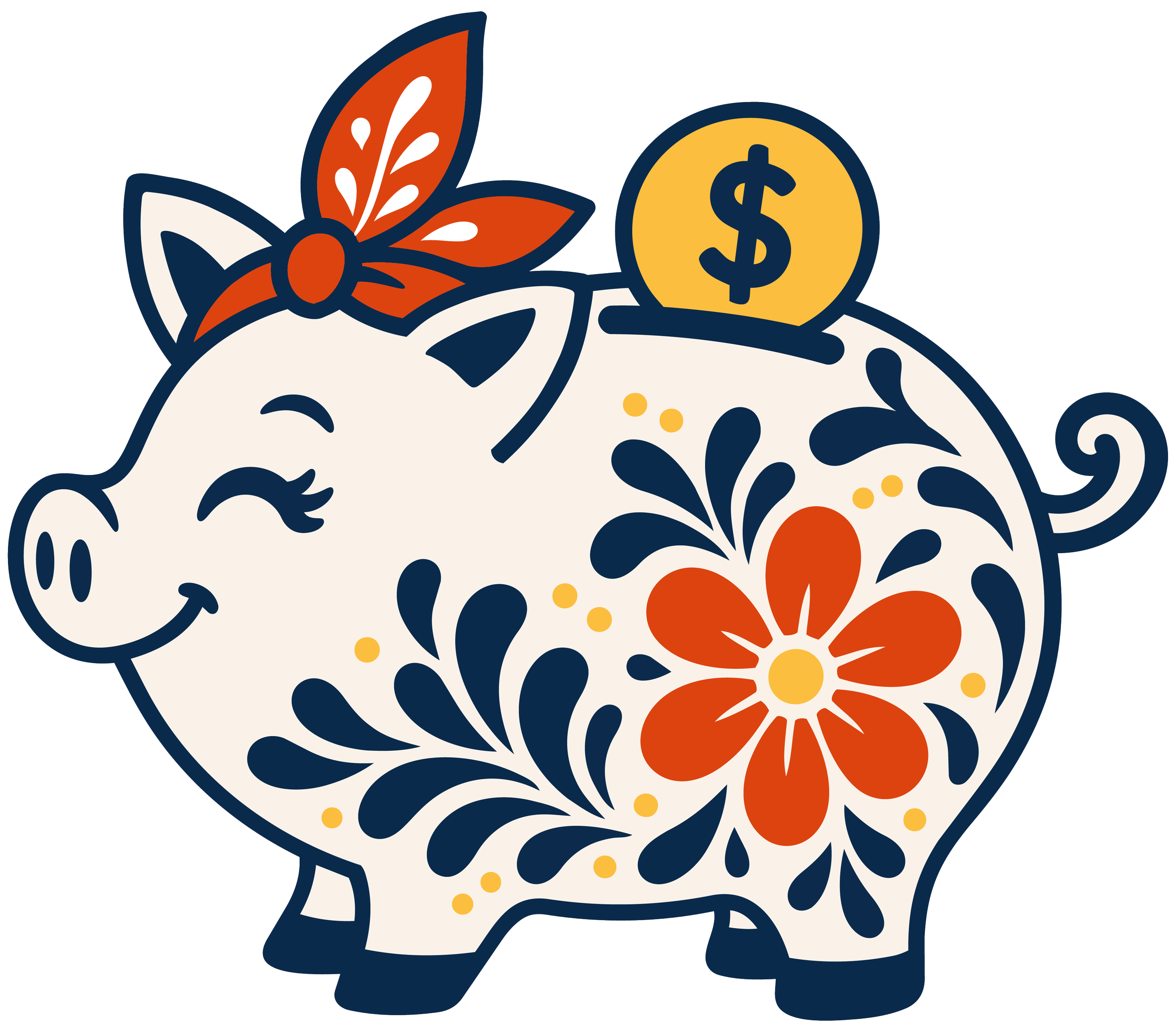 Stylized illustration of an elephant with floral and decorative patterns in navy, white, orange, and yellow, including a gold coin with a dollar sign on its back.