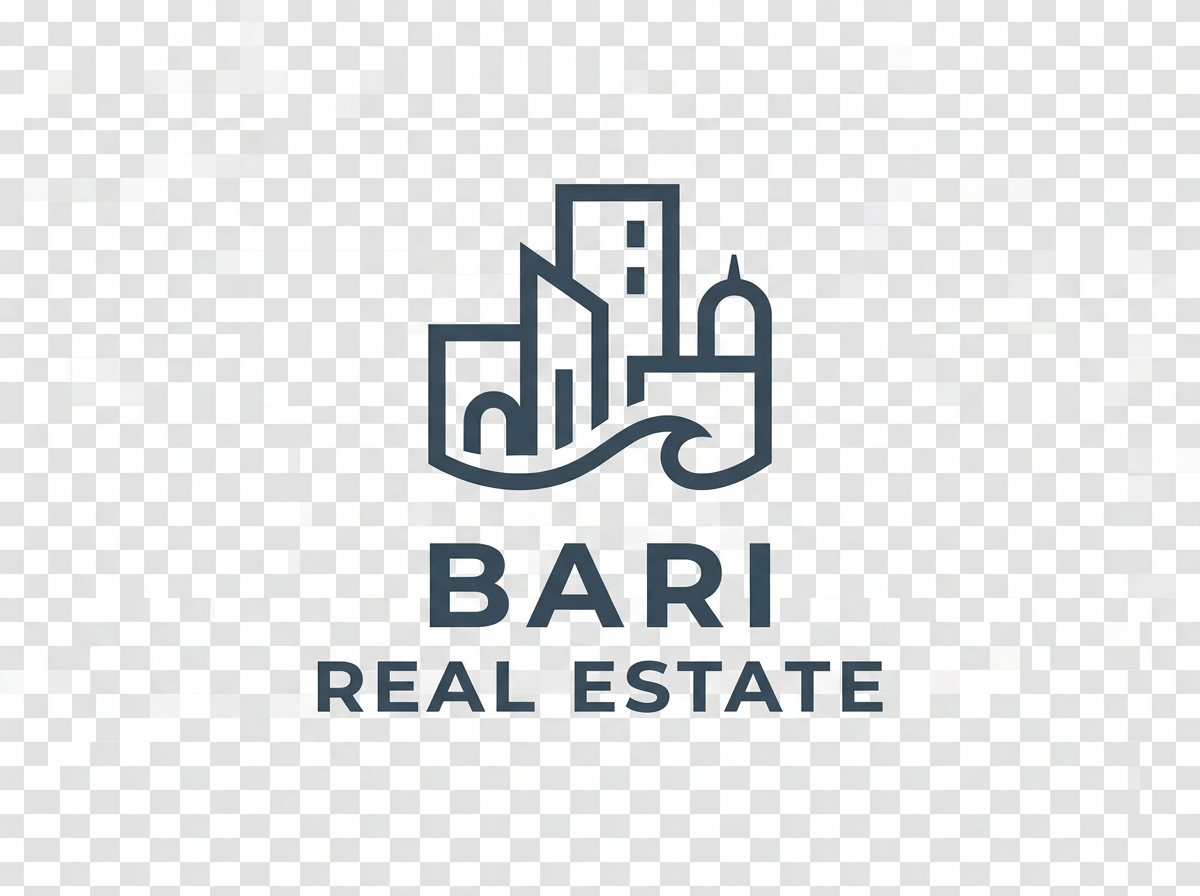 Line drawing of a city skyline with skyscrapers and a dome, above the text 'BARI REAL ESTATE'