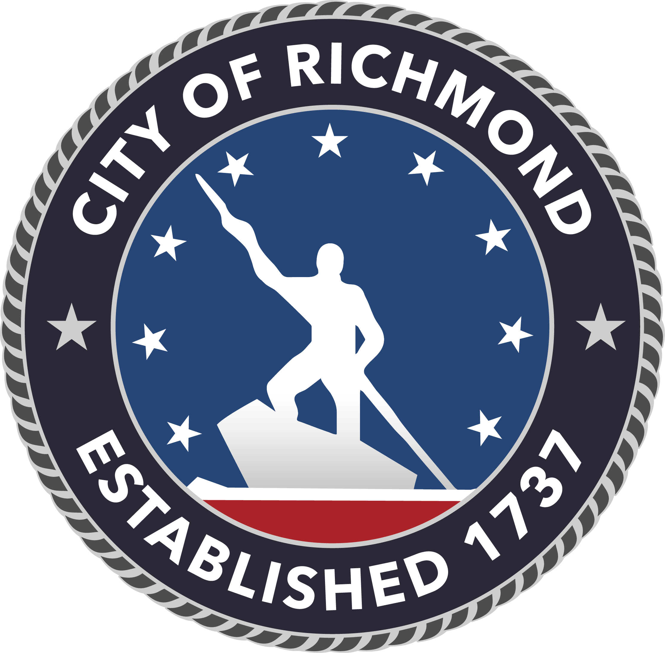 Close-up of a circular badge or seal with the words "City of Richmond Established" and a stylized silhouette of a person against a blue background, surrounded by a gray, rope-like border.