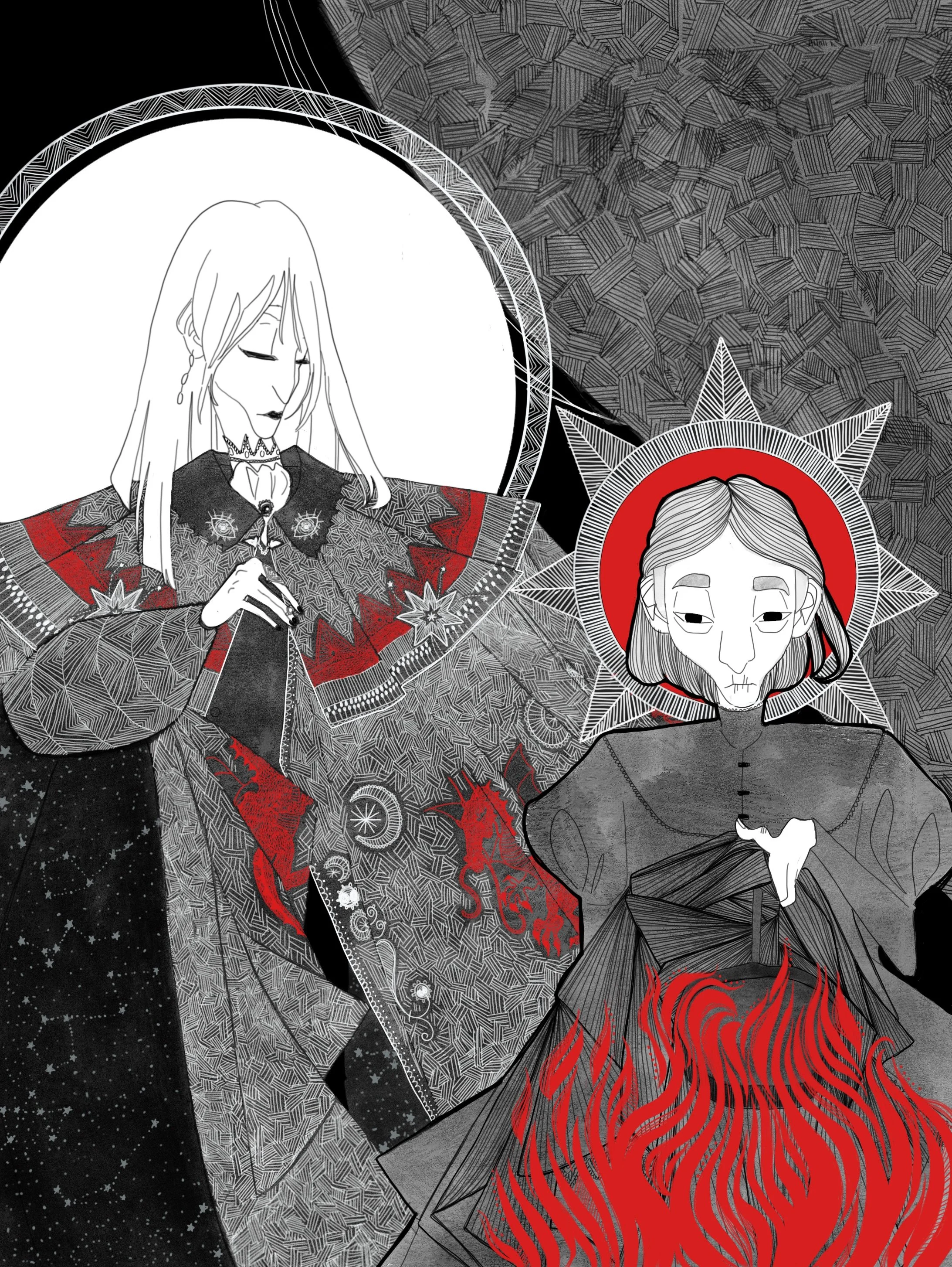 Art Nouveau-style illustration of Howl and Sophie from Howl’s Moving Castle, featuring intricate black, white and red patterns against a textured, layered background.
