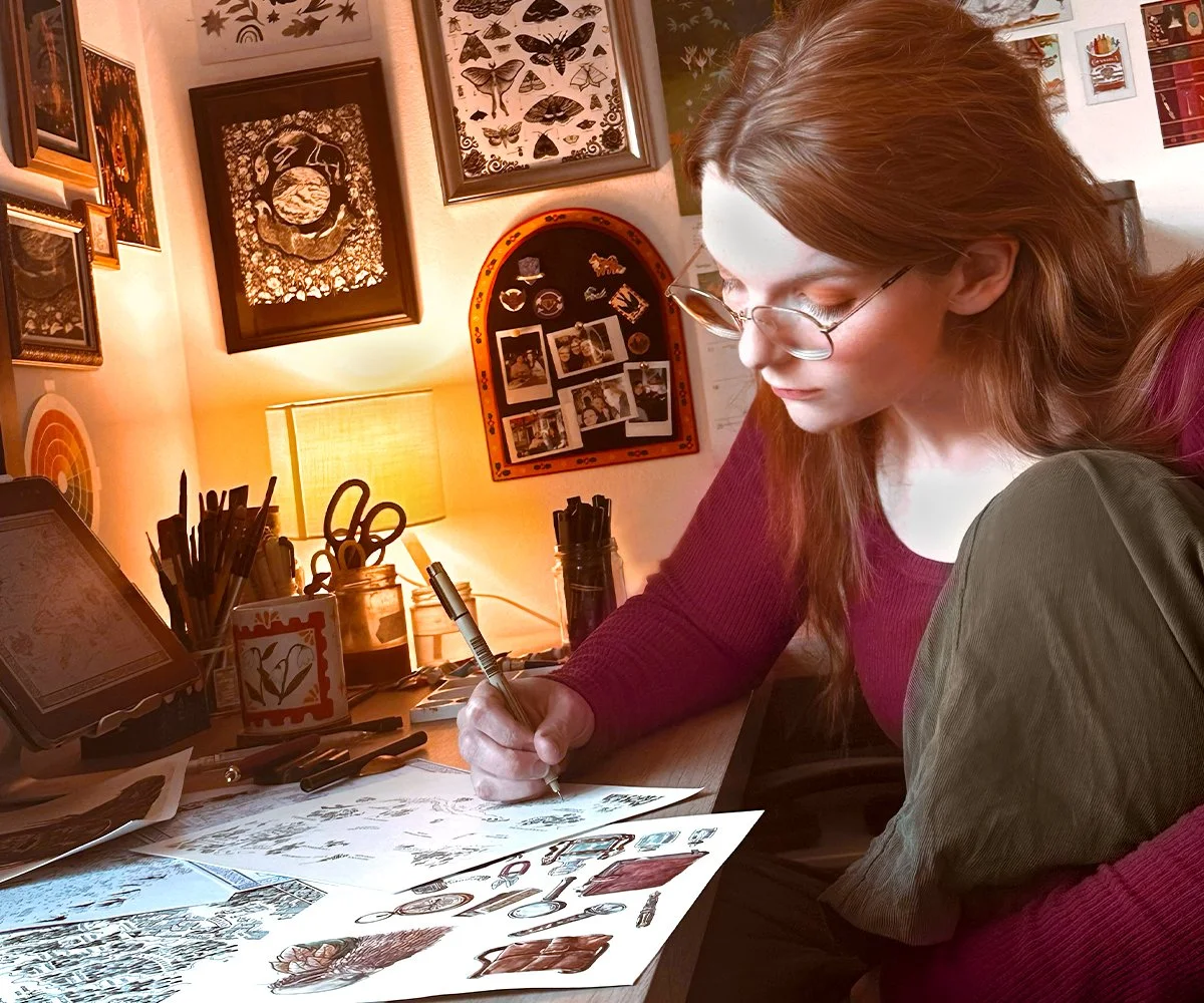 A woman with long red hair and glasses sketching or drawing at a desk with art supplies in a warmly lit room decorated with framed butterfly and art prints.