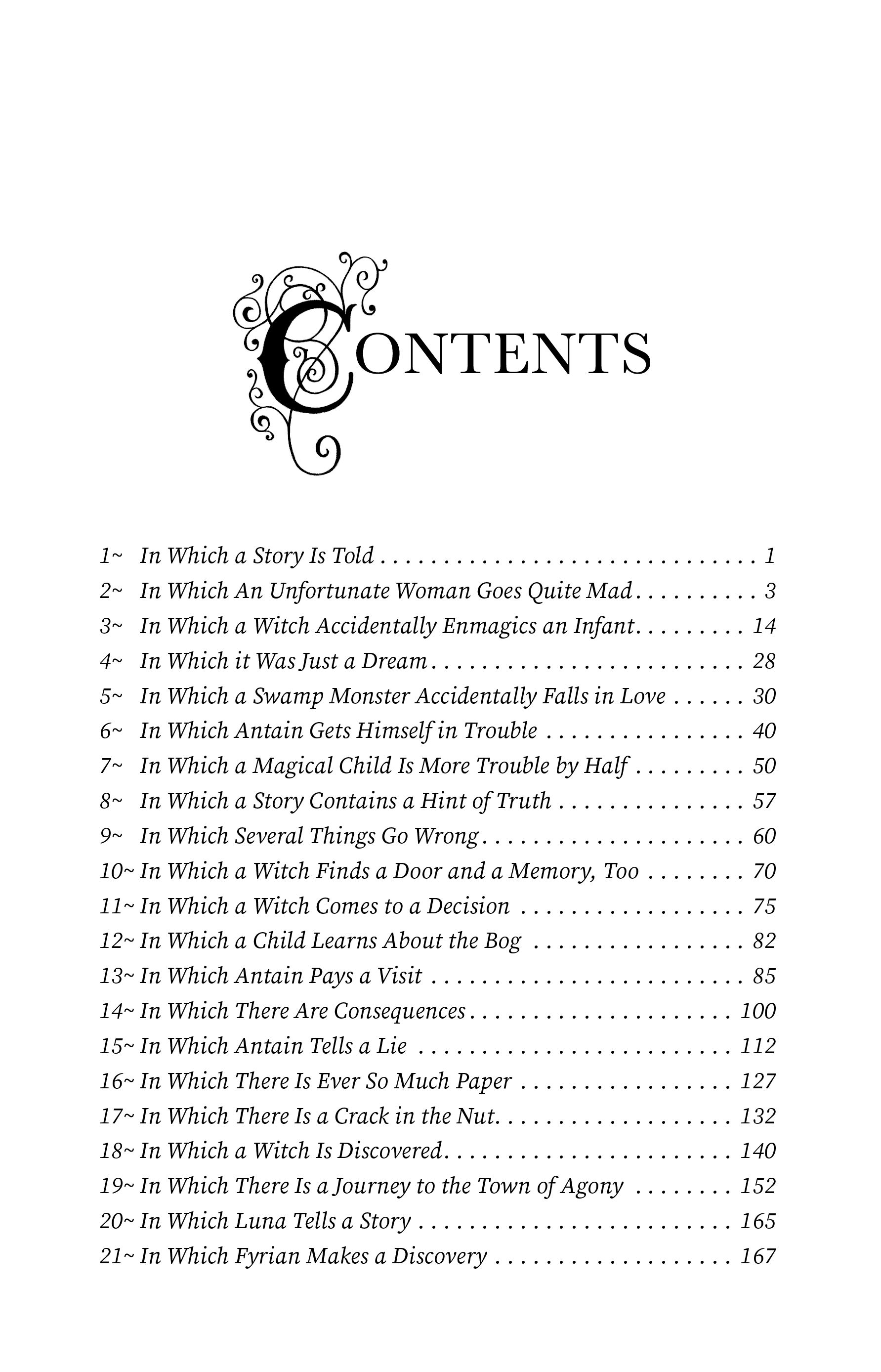 Table of contents page from a book with a decorative letter 'C' and listed chapter titles with page numbers.