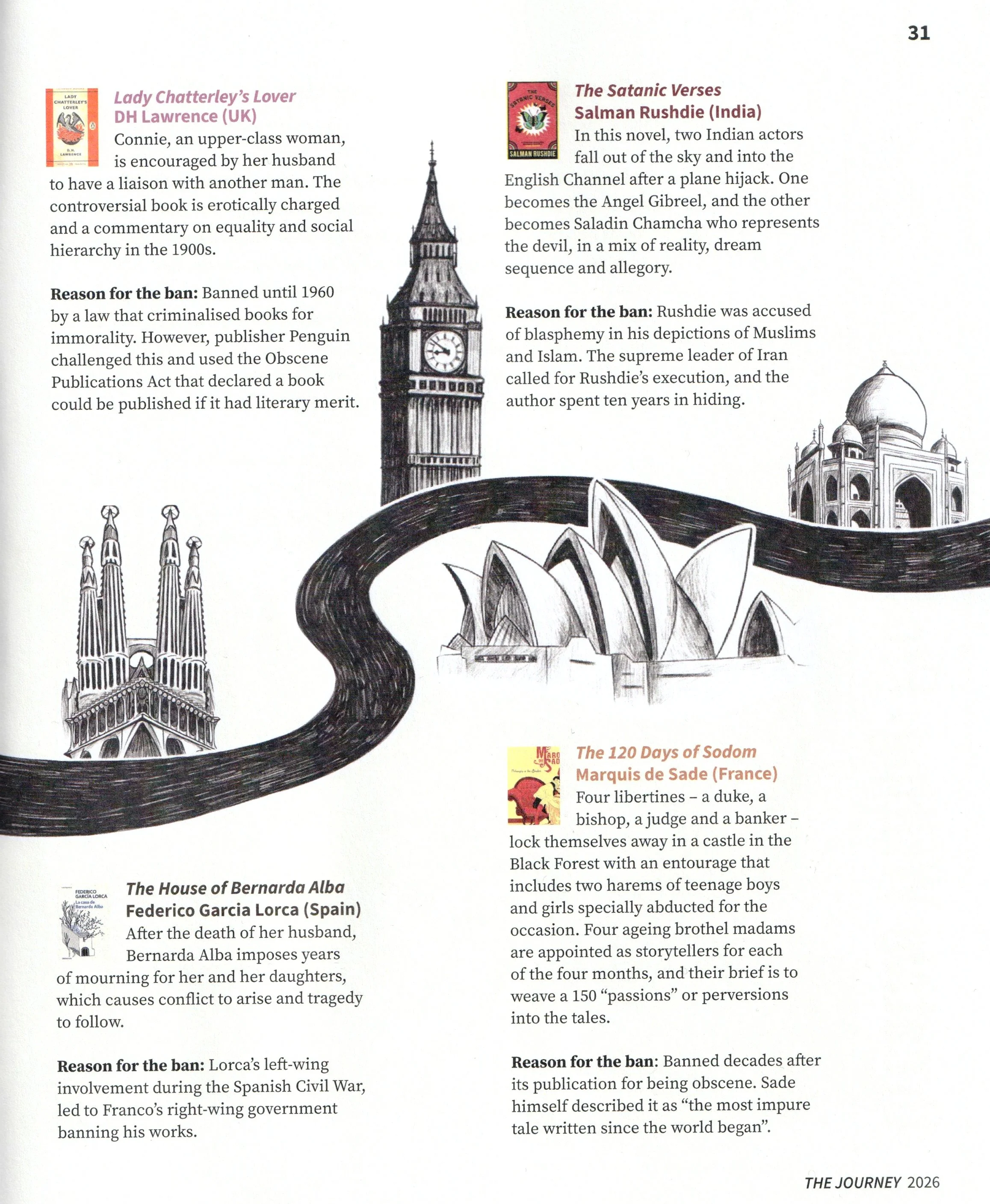 A page from a magazine with black and white sketches of prominent landmarks, including Big Ben in London and the Taj Mahal in India, with text discussing banned books and reasons for censorship.
