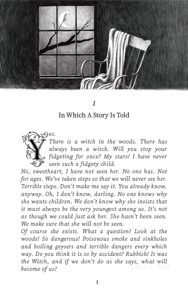 Black and white illustration of a window with moonlight shining through, a tree branch outside, and a chair with a blanket draped over it.