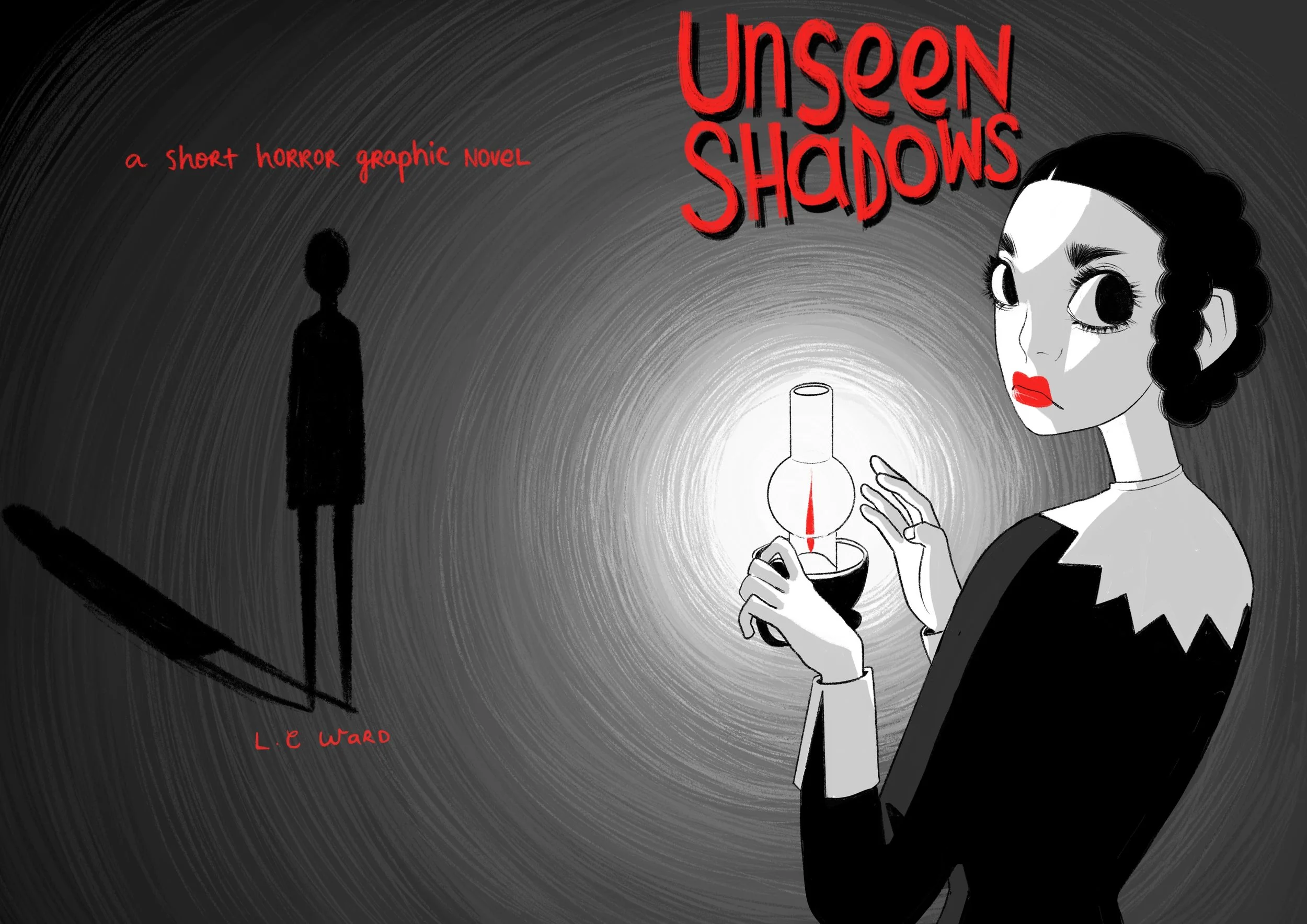 An illustrated girl with dark hair holding a lantern. The background is swirling with black and grey, featuring a silhouette of a person in the upper left. The title reads "Unseen Shadows" in red, stylised letters.